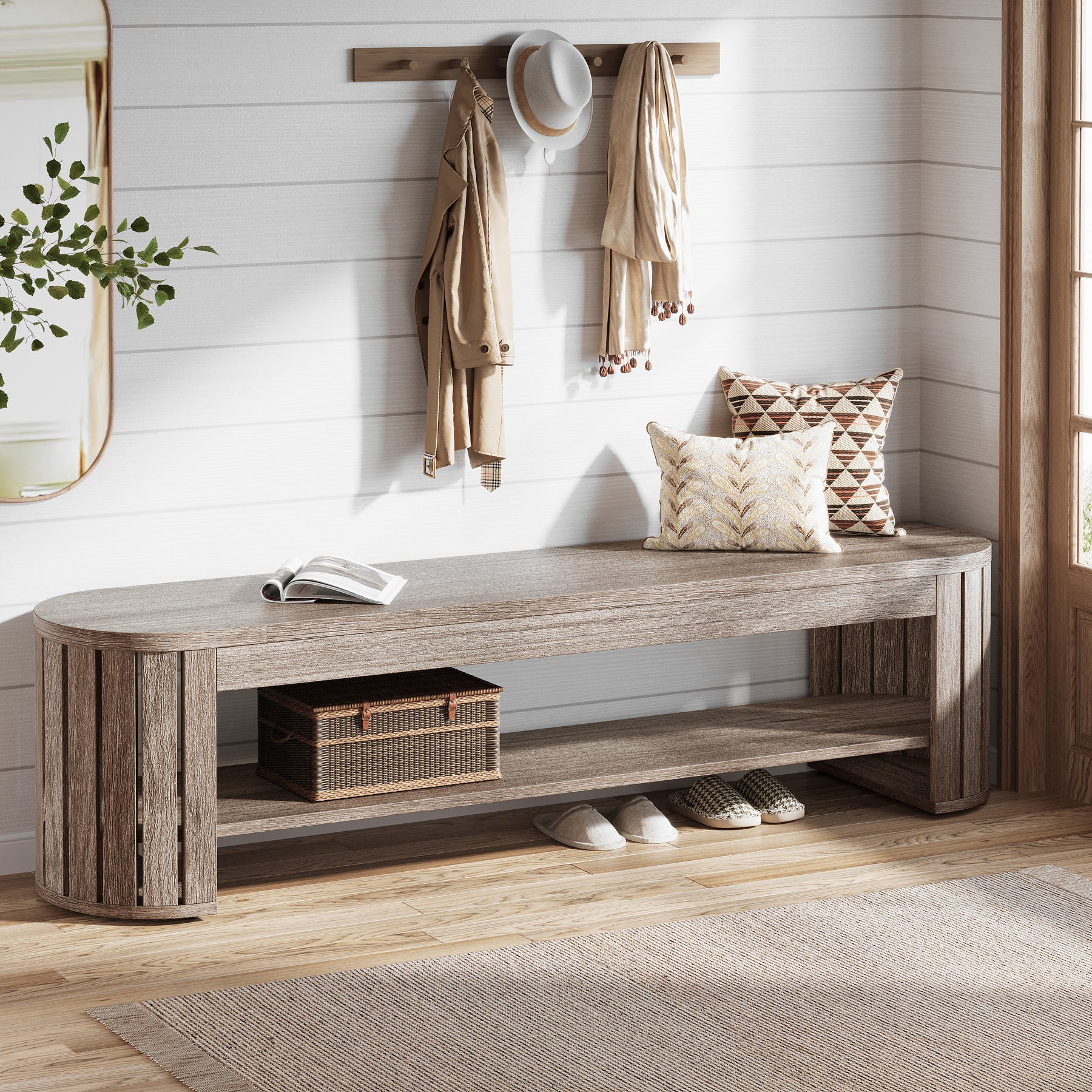 Schuhbank aus Holz mit Stauraum, 160 cm Lange 2-stufige Sitzbank für Flur, Schlafzimmer und Wohnzimmer