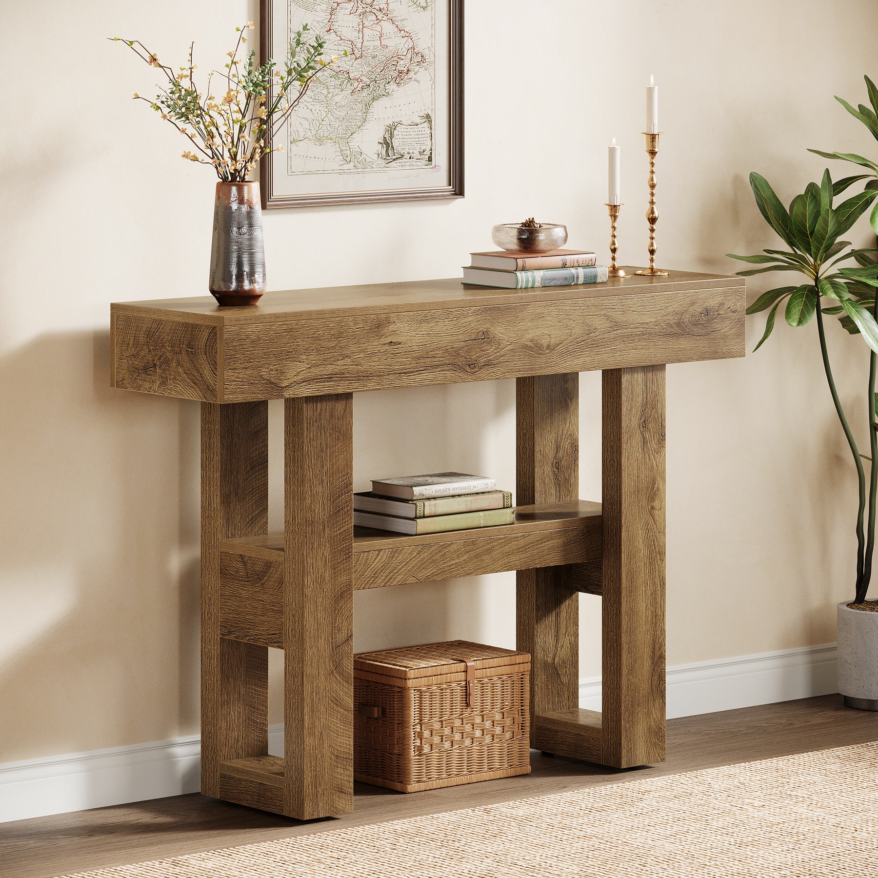 105 cm Farmhouse Konsoletisch mit 2 Ebenen - Schmaler Flurtisch in Rustikalbraun mit Ablagefächern