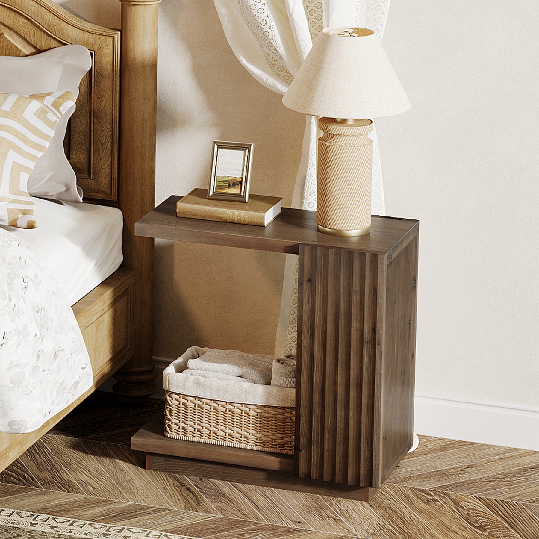 Tribesigns Massivholz Beistelltisch C-Form mit 2 Ablagen, Schmaler Nachttisch mit Rillen-Design