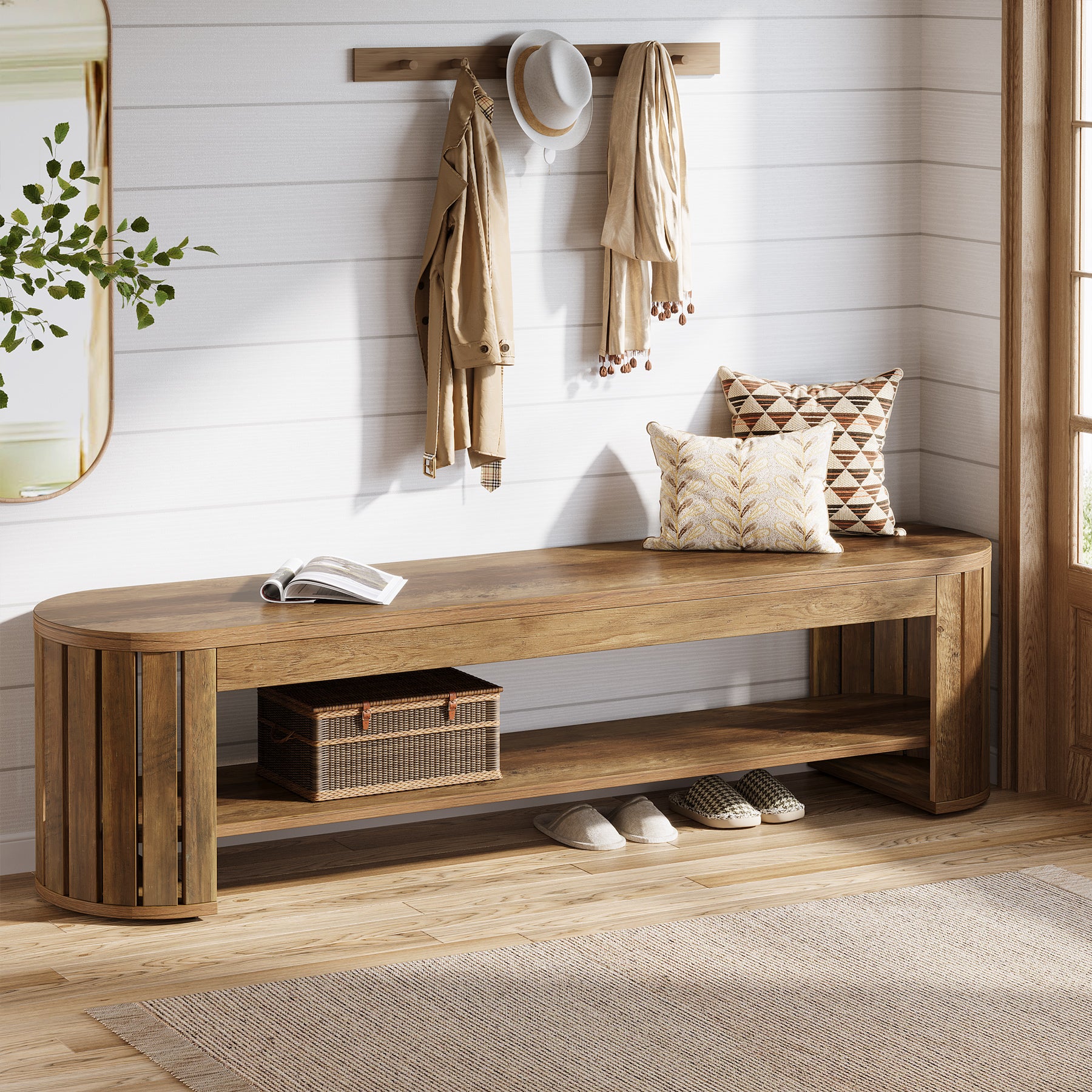 Schuhbank aus Holz mit Stauraum, 160 cm Lange 2-stufige Sitzbank für Flur, Schlafzimmer und Wohnzimmer