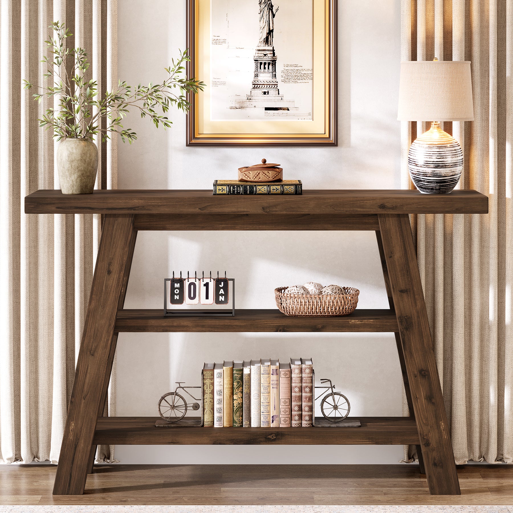 120 cm Massivholz-Konsolentisch im Landhausstil, schmaler Sofatisch mit 3 Ebenen für Eingang & Foyer