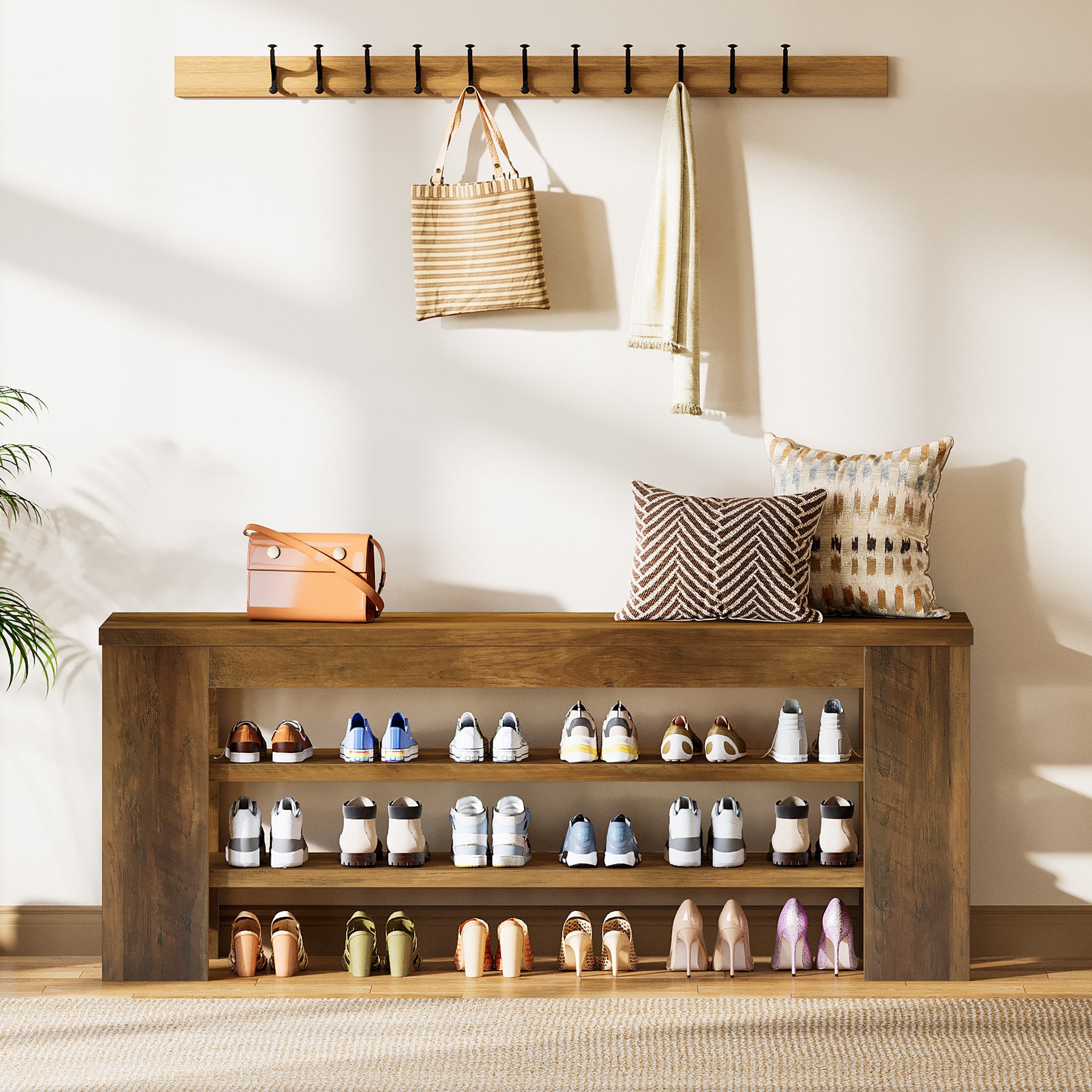 Schuhbank 120 cm mit Sitzfläche, Schuhregal, Garderobenbank aus Holz mit 3 Ebenen, belastbar bis 136 kg
