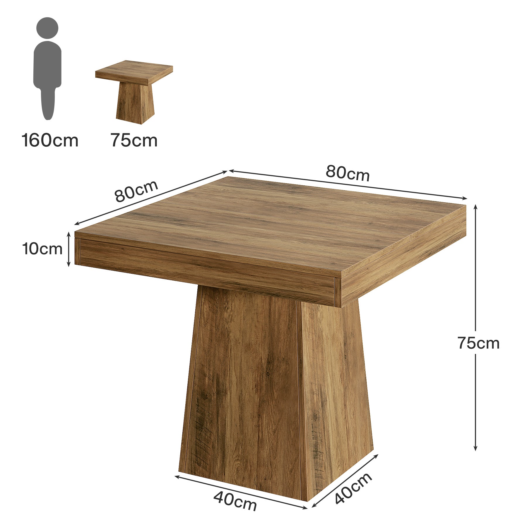 Quadratischer Esstisch 80x80 cm für 4 Personen, kompakter Küchentisch im Landhausstil mit stabilem Sockel
