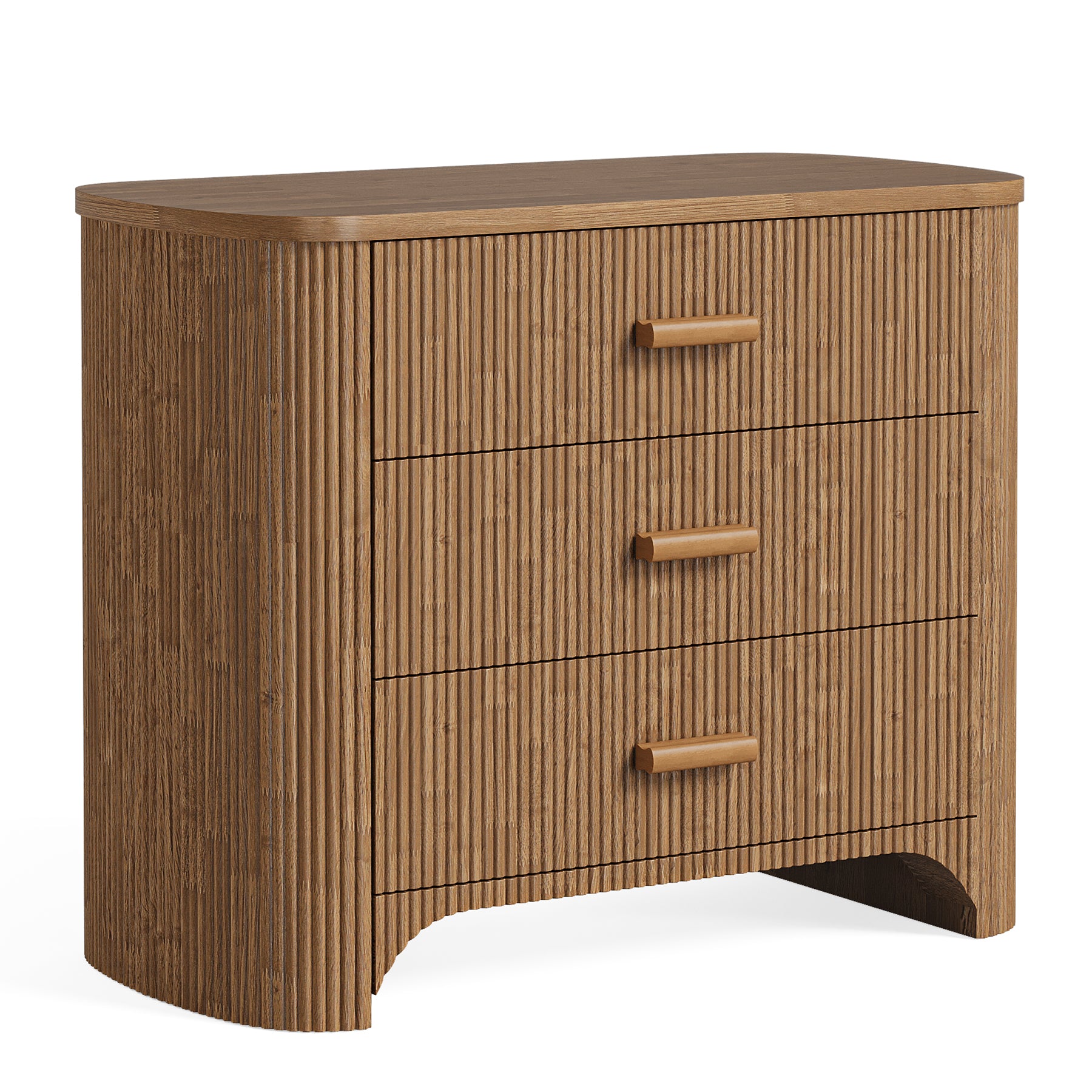 Breiter Nachttisch mit 3 Schubladen, Großer Mid Century Modern Beistelltisch mit Geriffelter Front & Geschlossener Rückwand