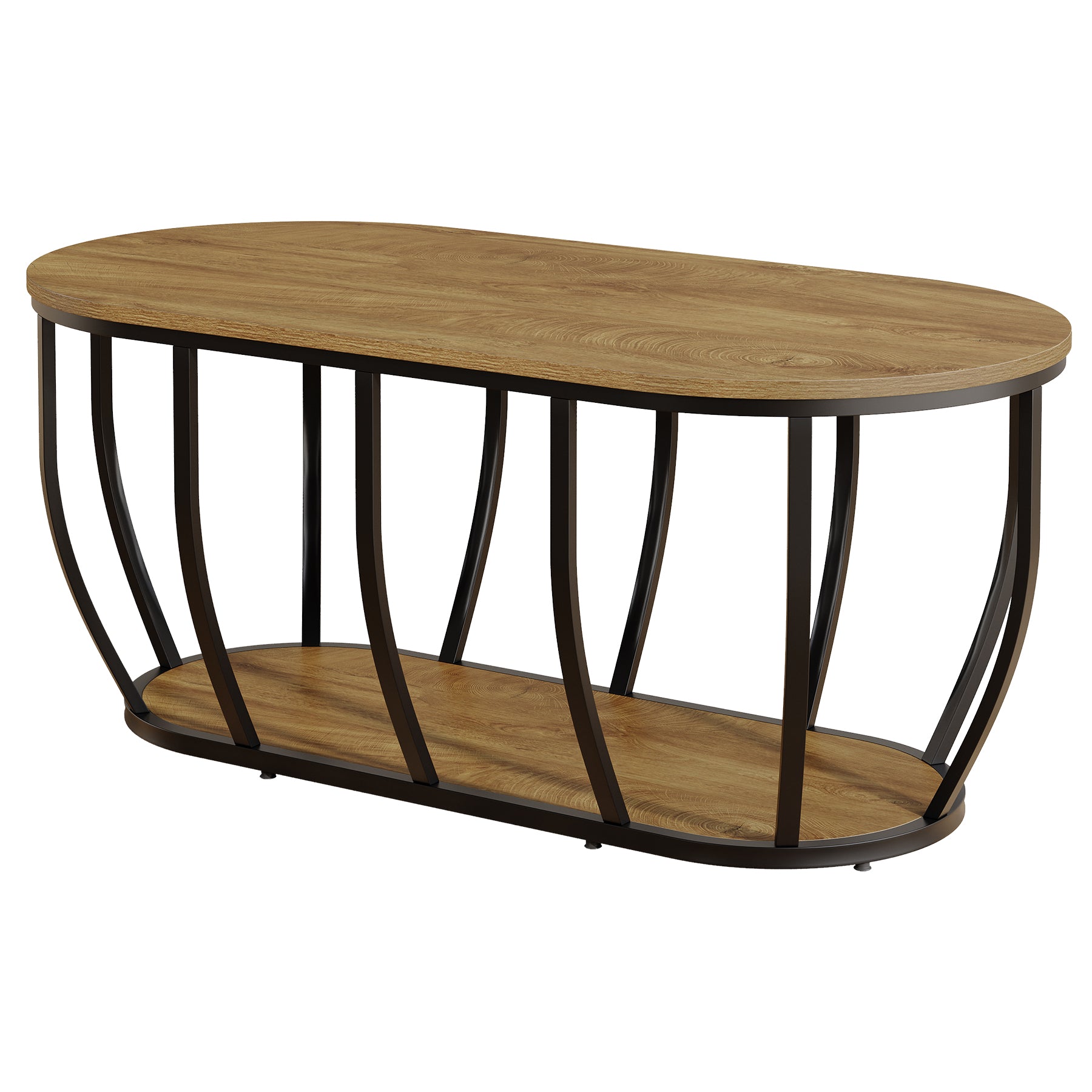 120 cm Ovaler Couchtisch im Industrial-Stil mit 2 Ablagen, Wohnzimmertisch aus Holz mit Metallgestell