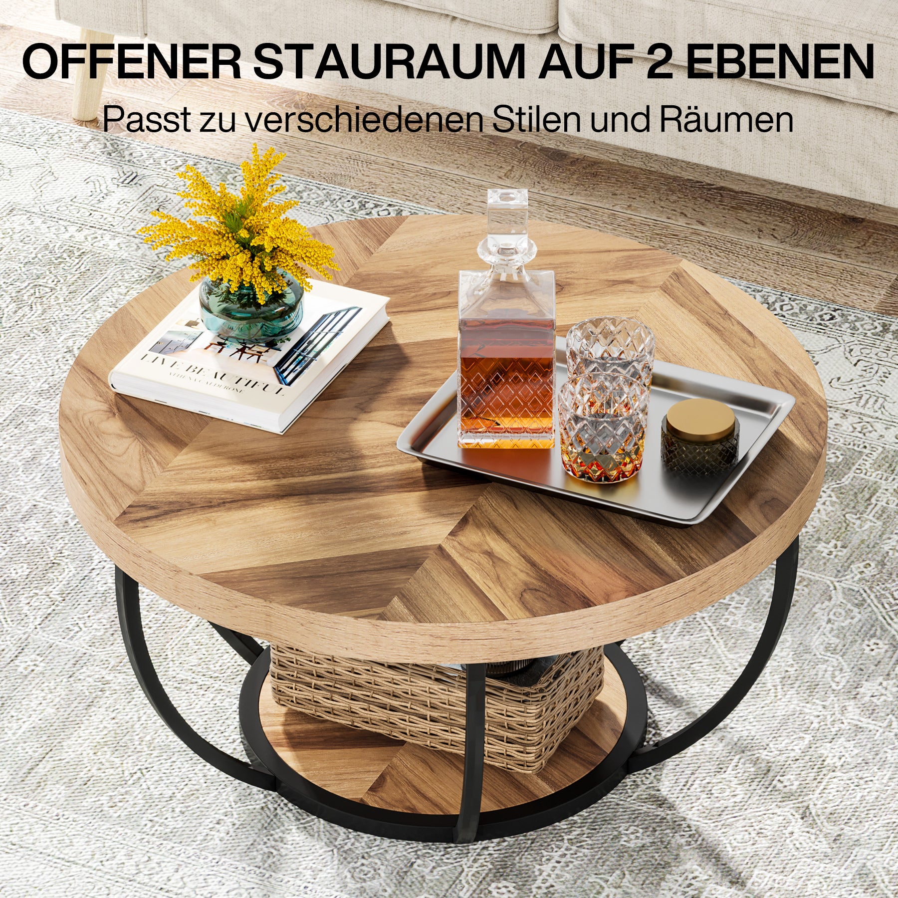 Runder Couchtisch 80 cm mit 2 Ablagen, Industrial Wohnzimmertisch, Moderner Sofatisch mit Stauraum