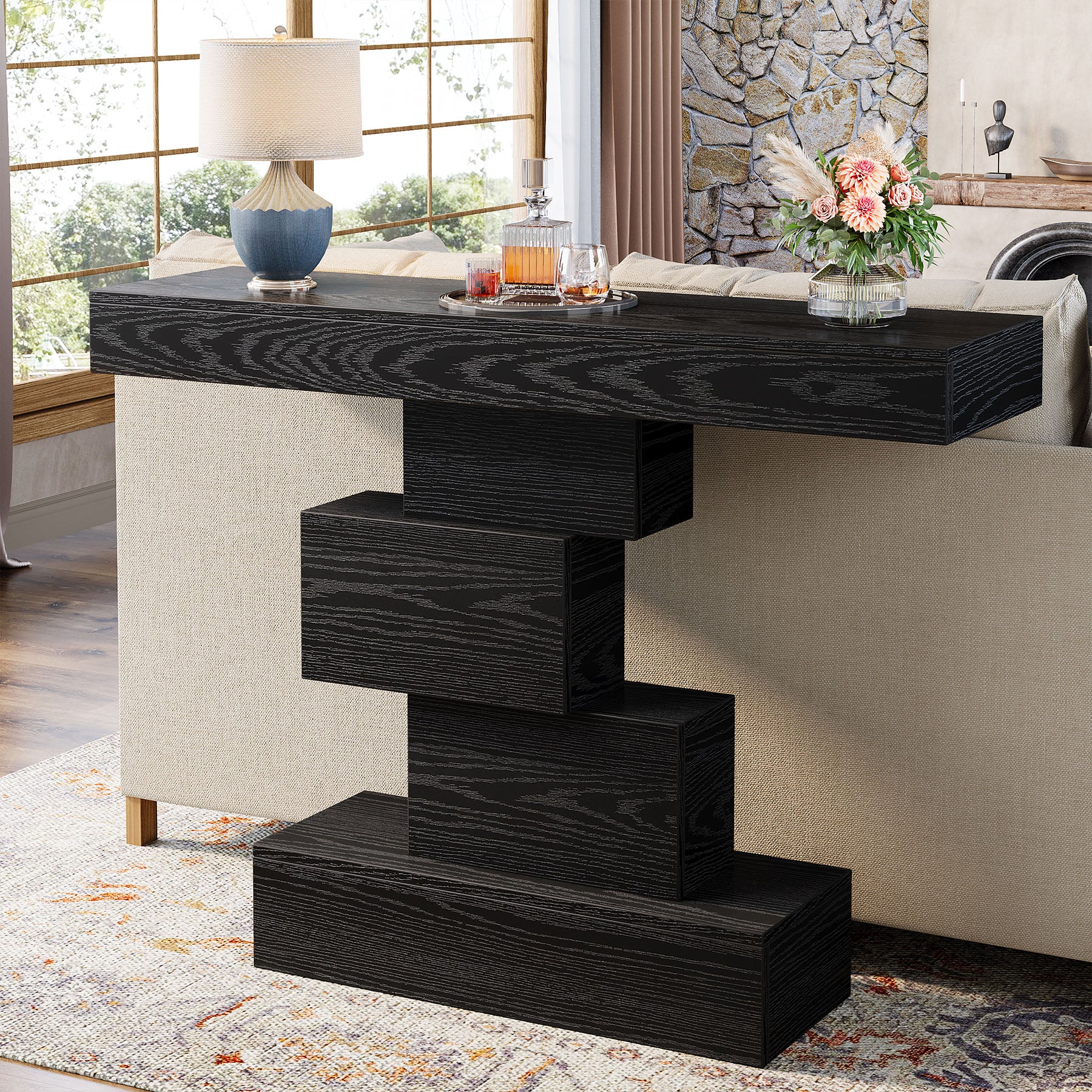 108cm Konsolentisch, Holzsofatisch, Akzenttisch mit geometrischem Sockel