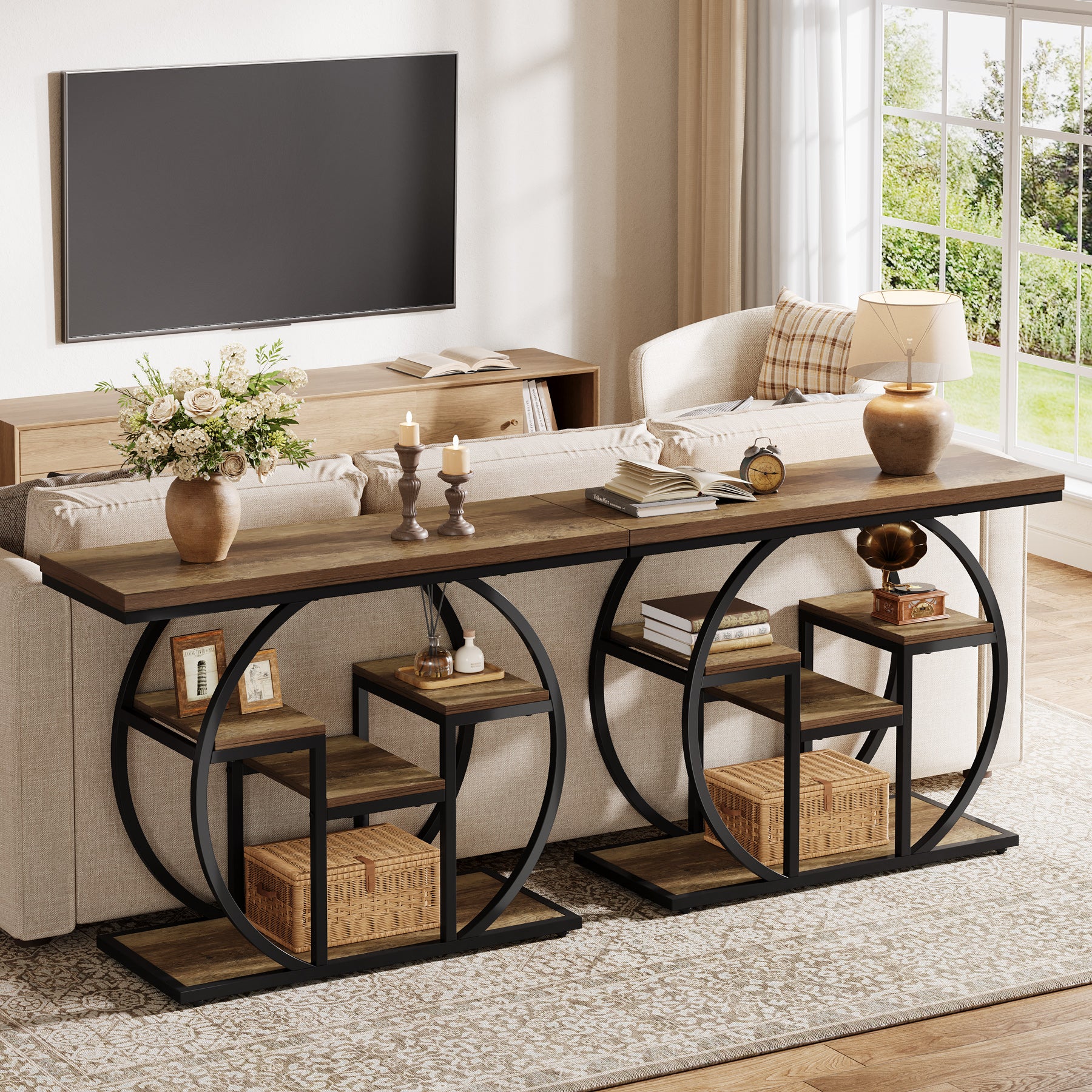 Tribesigns Konsolentisch 105 cm schmal mit 4 Ablagen, Industrial Sofatisch mit gebogenem Rahmen