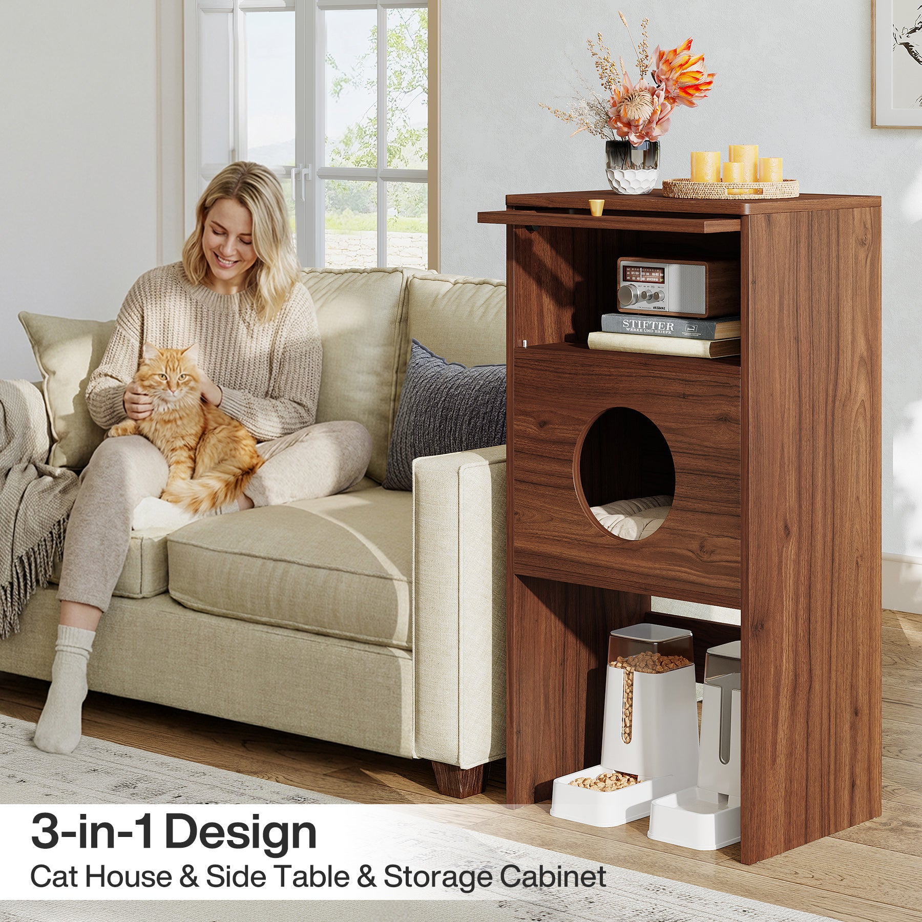 Tribesigns Katzenhaus Möbel mit Stauraum – Katzenklo Schrank & Beistelltisch 2-in-1, Indoor Katzenmöbel für kleine Wohnungen