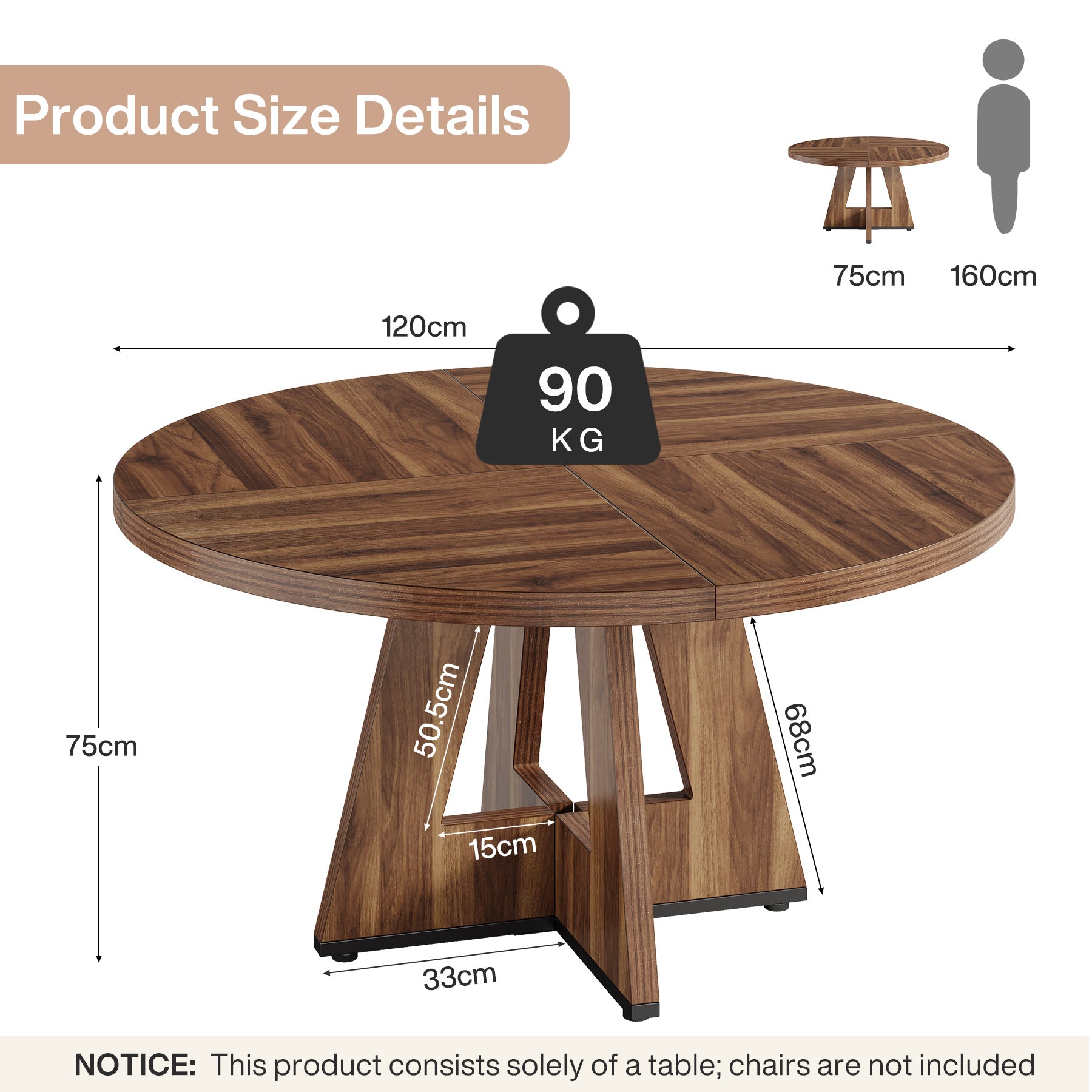 4 Personen Runder Esstisch, 120 cm Bauernhaus Esstisch mit Holztischplatte und Beinen