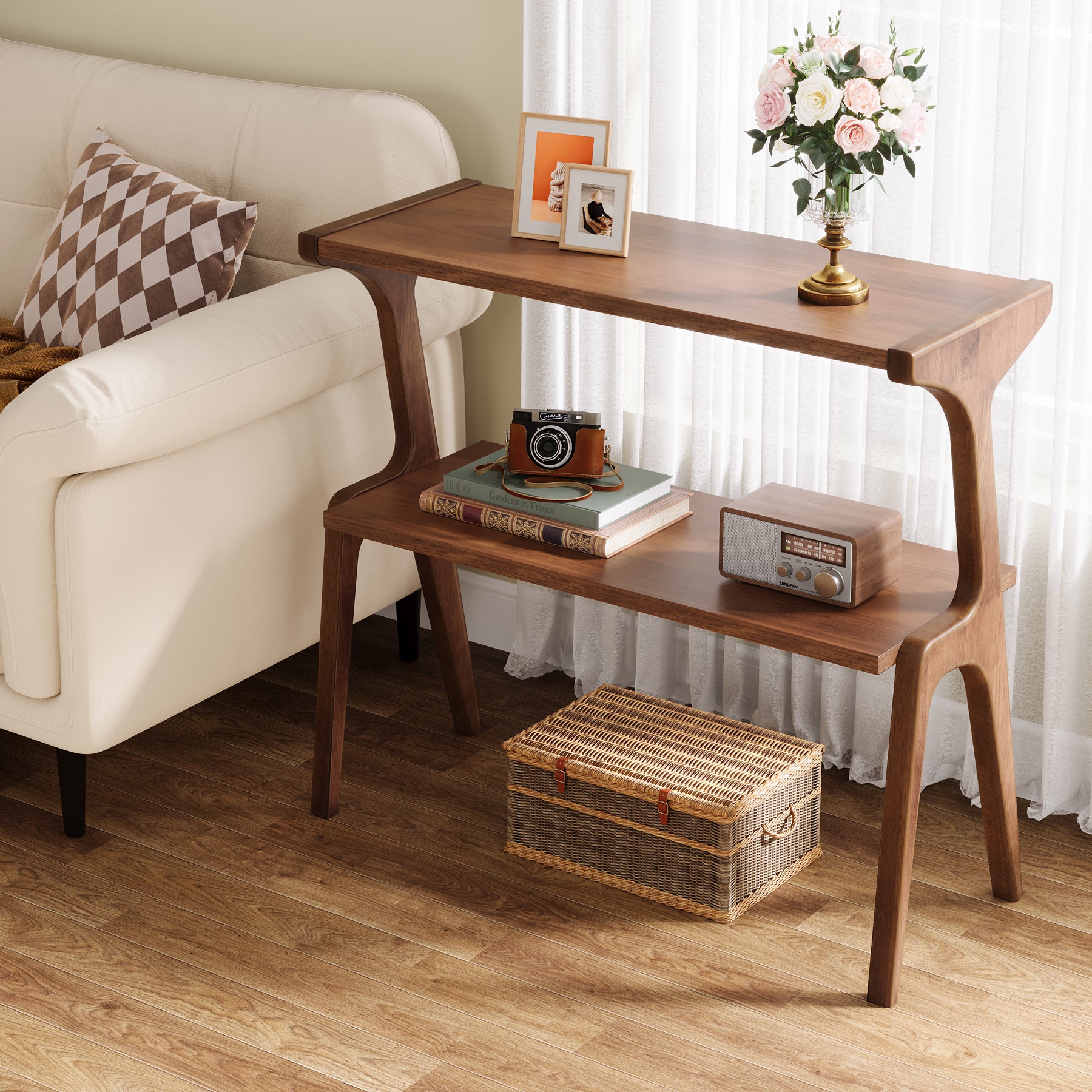 Tribesigns Schmaler Beistelltisch aus Massivholz, 2-stufiger Nachttisch mit modernem Design