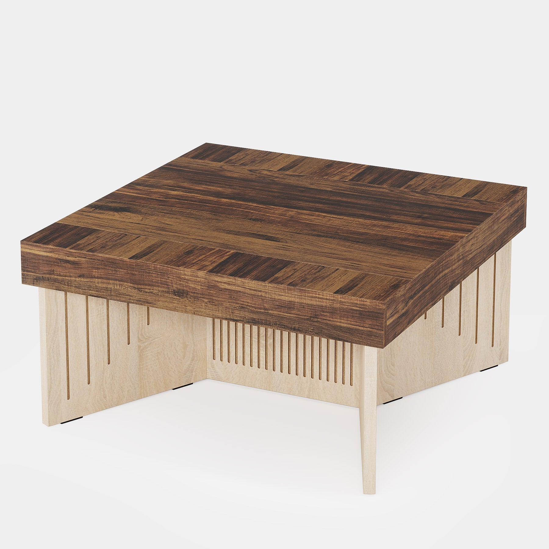 90cm Couchtisch, quadratischer Holz-Mitteltisch mit eingraviertem Liniendesign