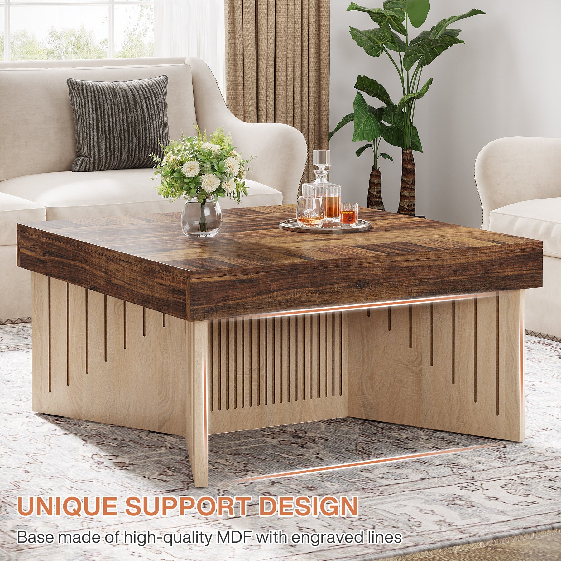 90cm Couchtisch, quadratischer Holz-Mitteltisch mit eingraviertem Liniendesign