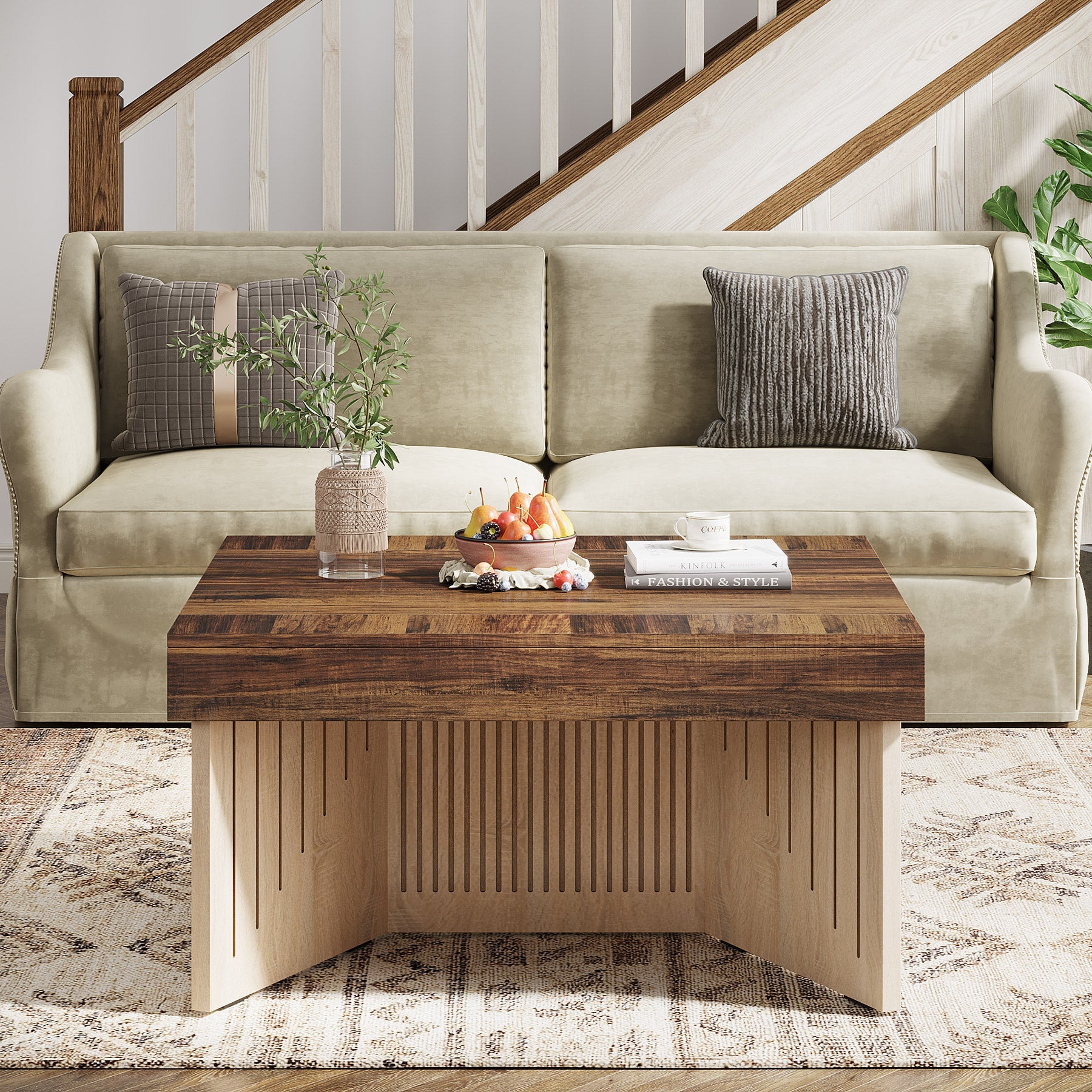 90cm Couchtisch, quadratischer Holz-Mitteltisch mit eingraviertem Liniendesign