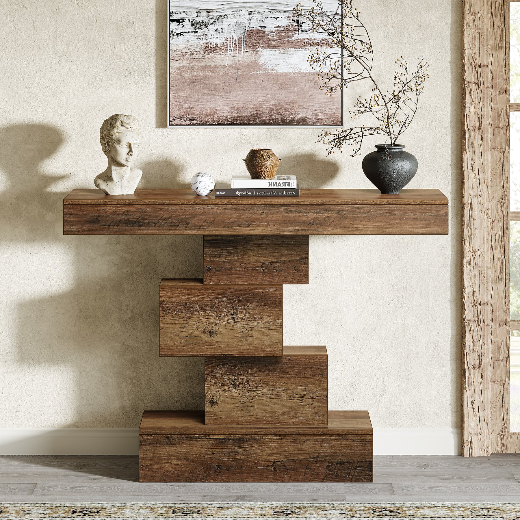 108cm Konsolentisch, Holzsofatisch, Akzenttisch mit geometrischem Sockel