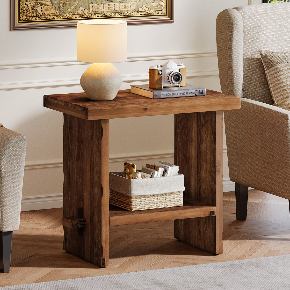 Tribesigns Massivholz Beistelltisch 60 cm hoch mit Ablage im Landhausstil