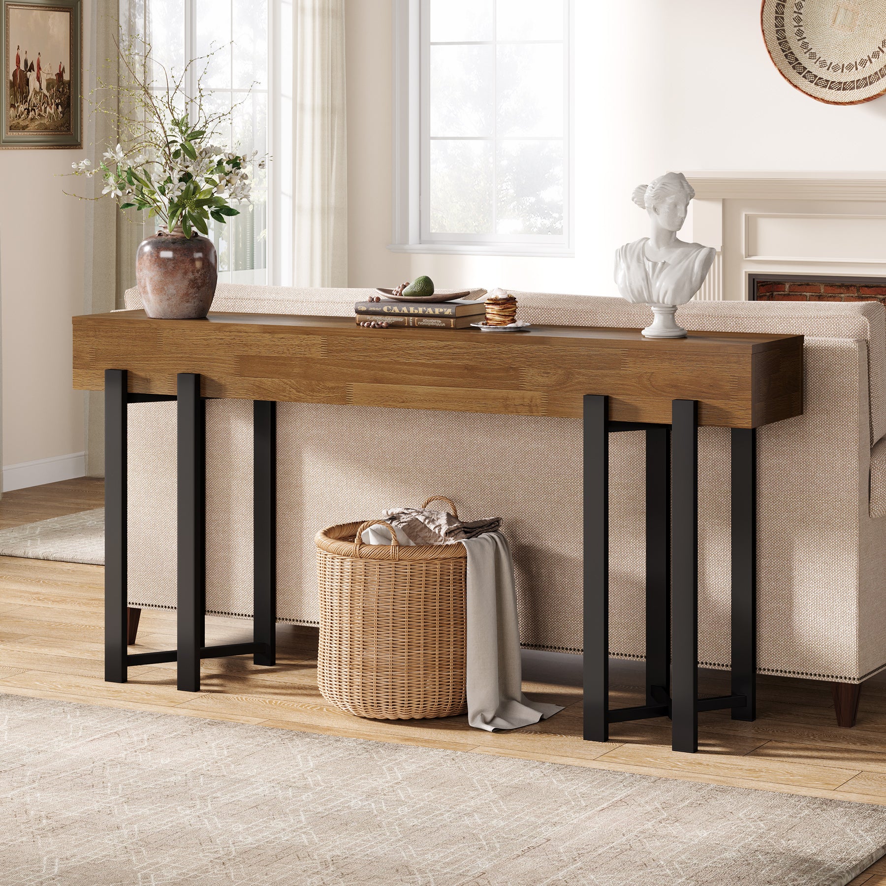 Robuster Landhaus Konsolentisch, 160 cm schmal mit Metallgestell für Flur und Home-Office