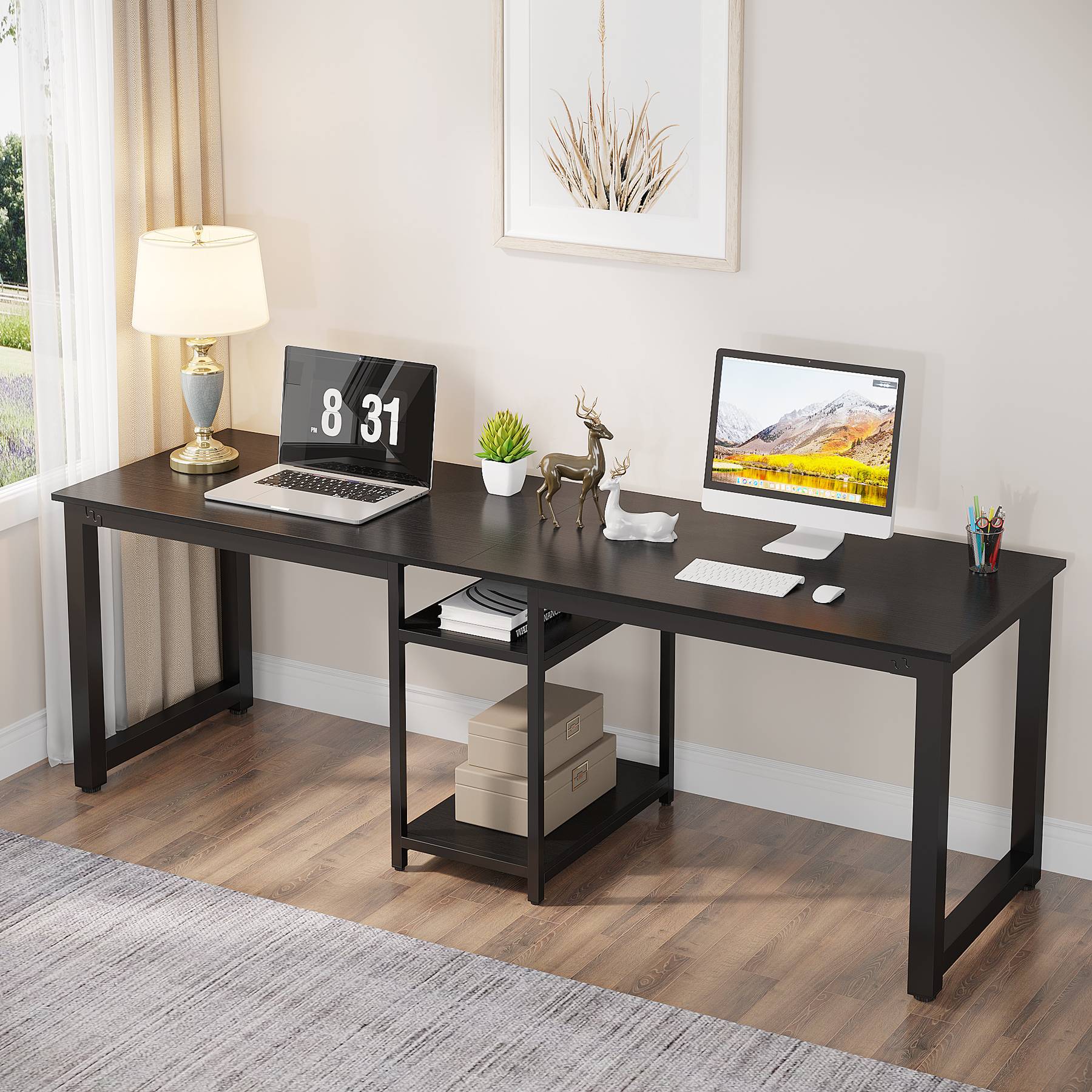 200cm Zwei-Personen-Schreibtisch, Doppel-Computertisch mit Lagerregalen