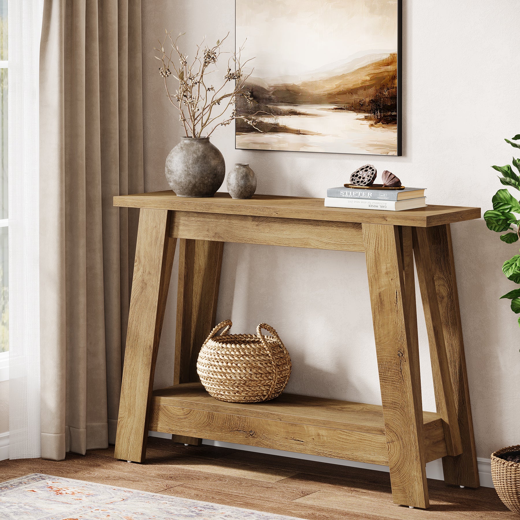 105 cm Farmhouse Konsolentisch mit 2 Ebenen Stauraum, Schmaler Sofatisch im Landhausstil