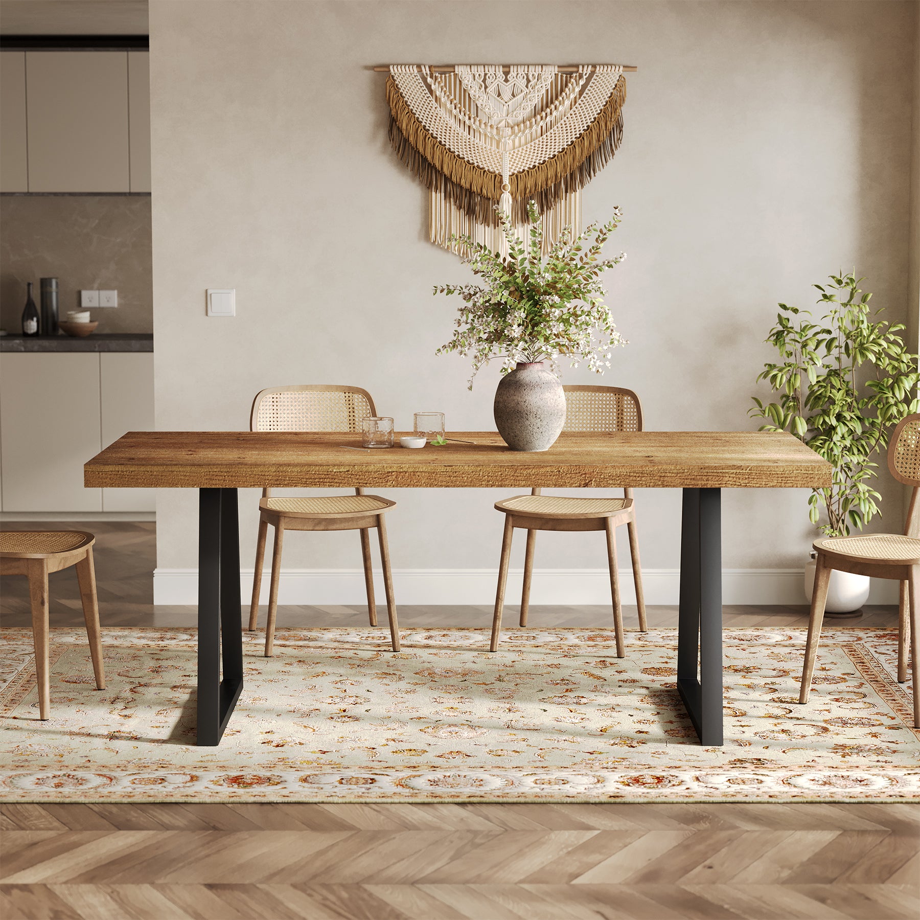 Industrieller Esstisch für 4–6 Personen, 160 cm rechteckiger Massivholz-Küchentisch mit Metallbeinen