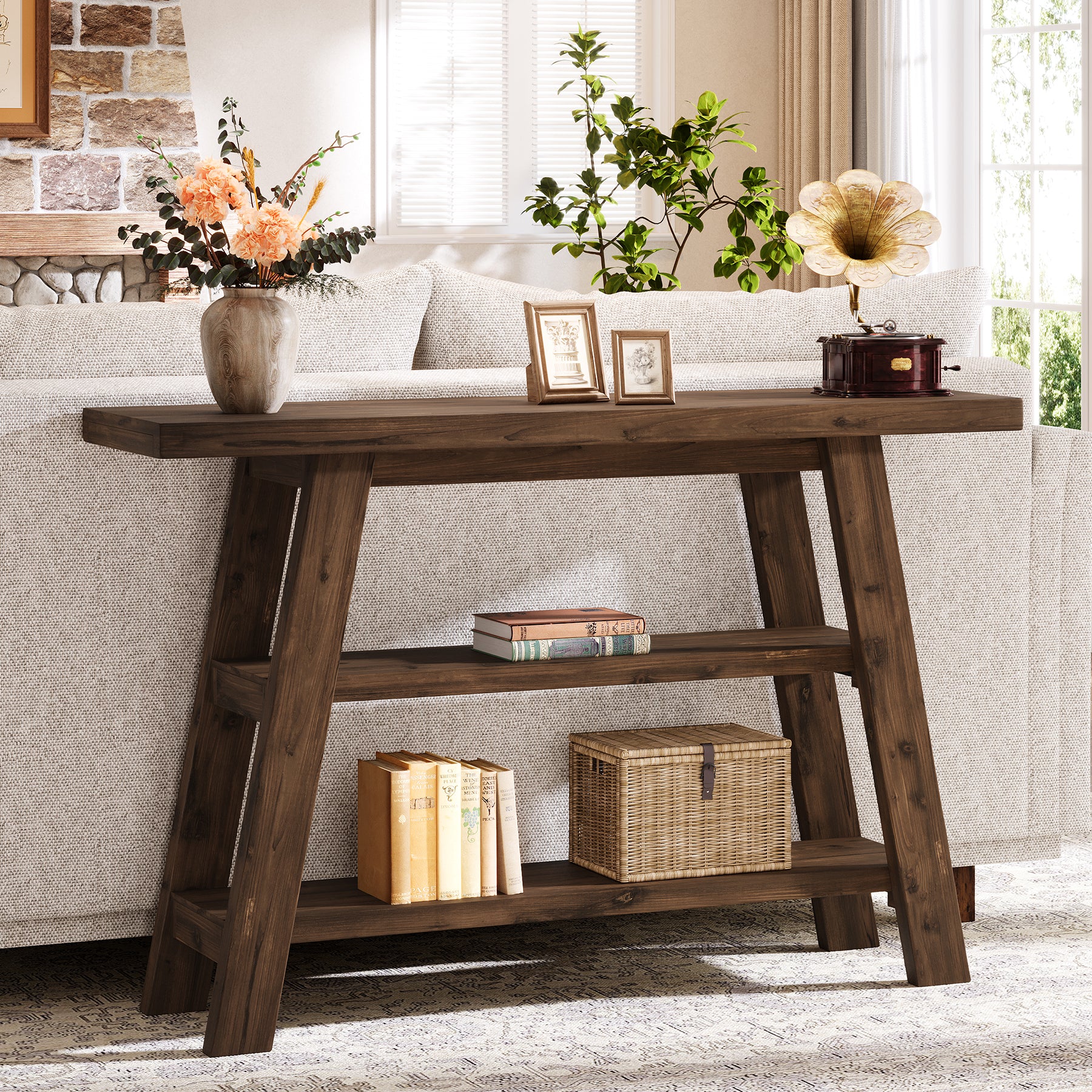 120 cm Massivholz-Konsolentisch im Landhausstil, schmaler Sofatisch mit 3 Ebenen für Eingang & Foyer