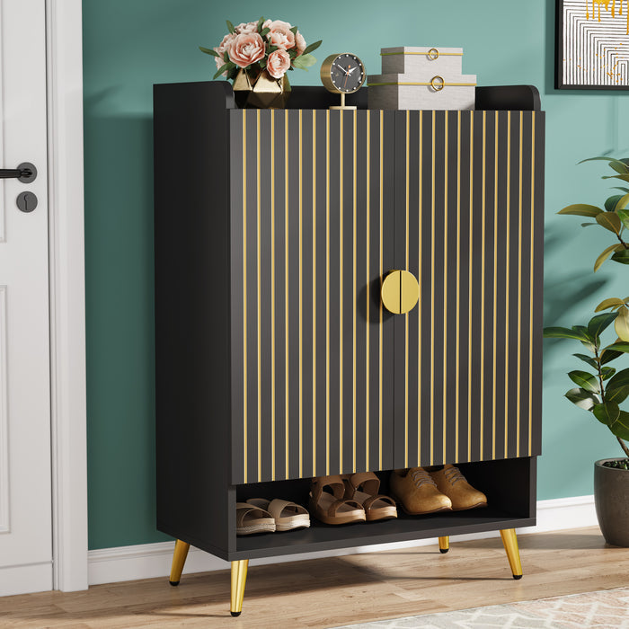 Moderner Schuhschrank mit 2 Türen - Goldener Metallrahmen