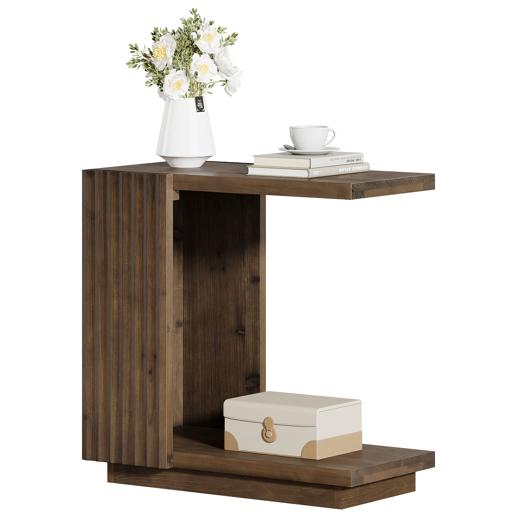 Tribesigns Massivholz Beistelltisch C-Form mit 2 Ablagen, Schmaler Nachttisch mit Rillen-Design