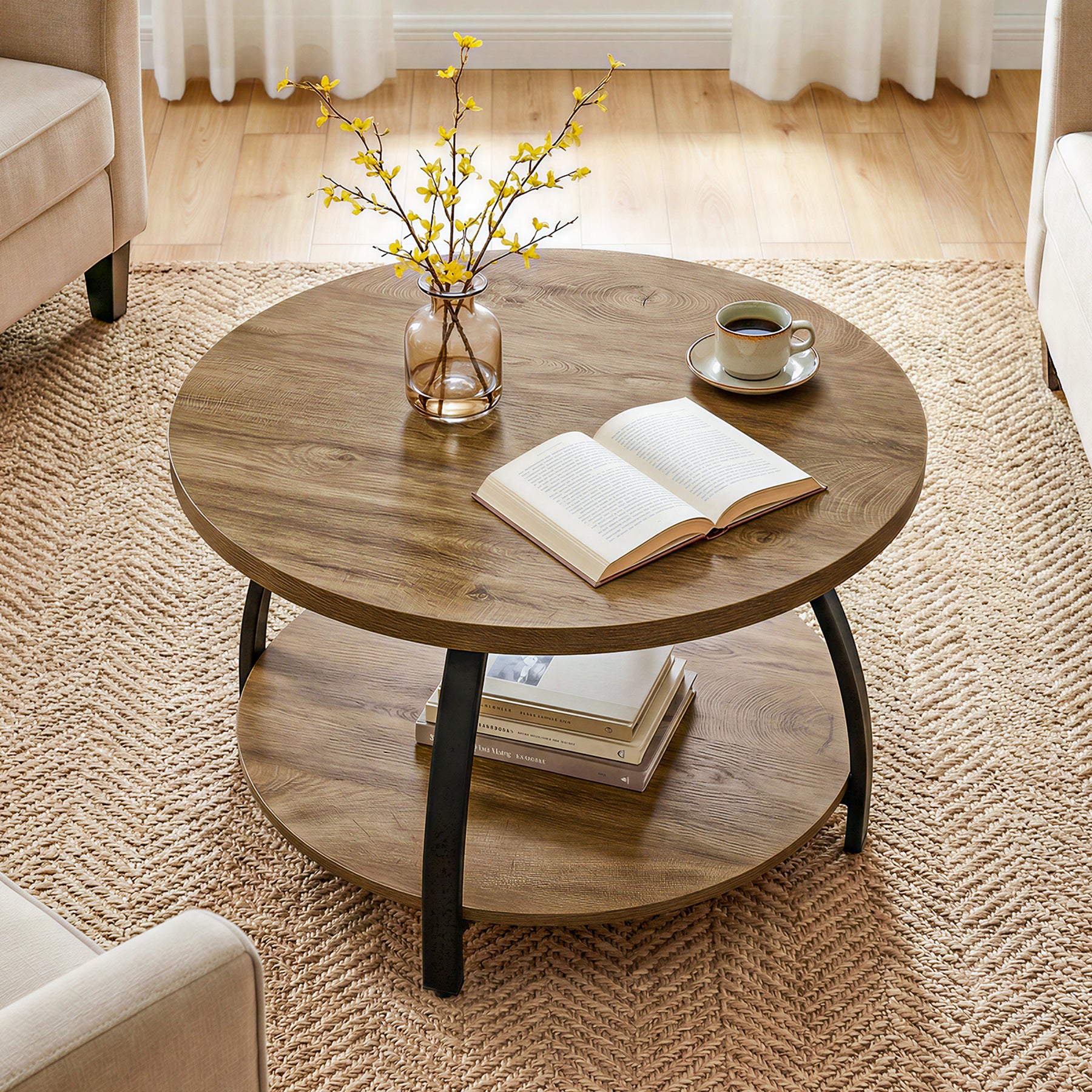 Tribesigns Runder Couchtisch 80 cm mit 2 Ablagen, Kleiner Sofatisch im Industrial Stil mit Metallbeinen