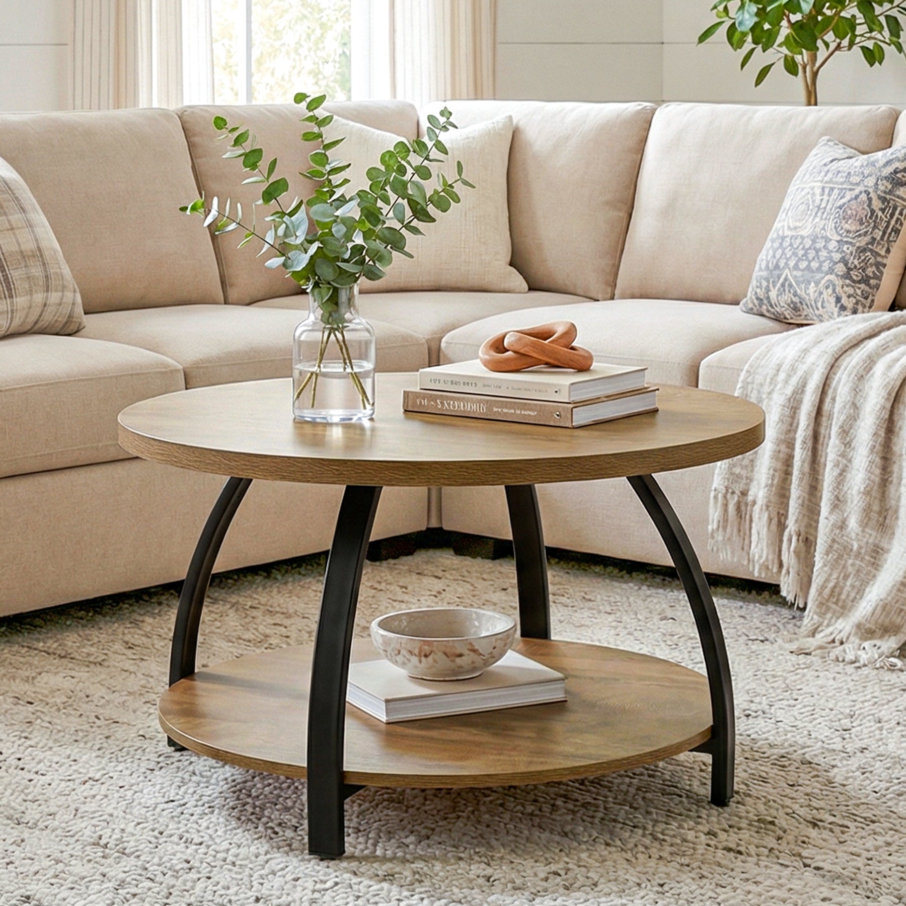 Tribesigns Runder Couchtisch 80 cm mit 2 Ablagen, Kleiner Sofatisch im Industrial Stil mit Metallbeinen