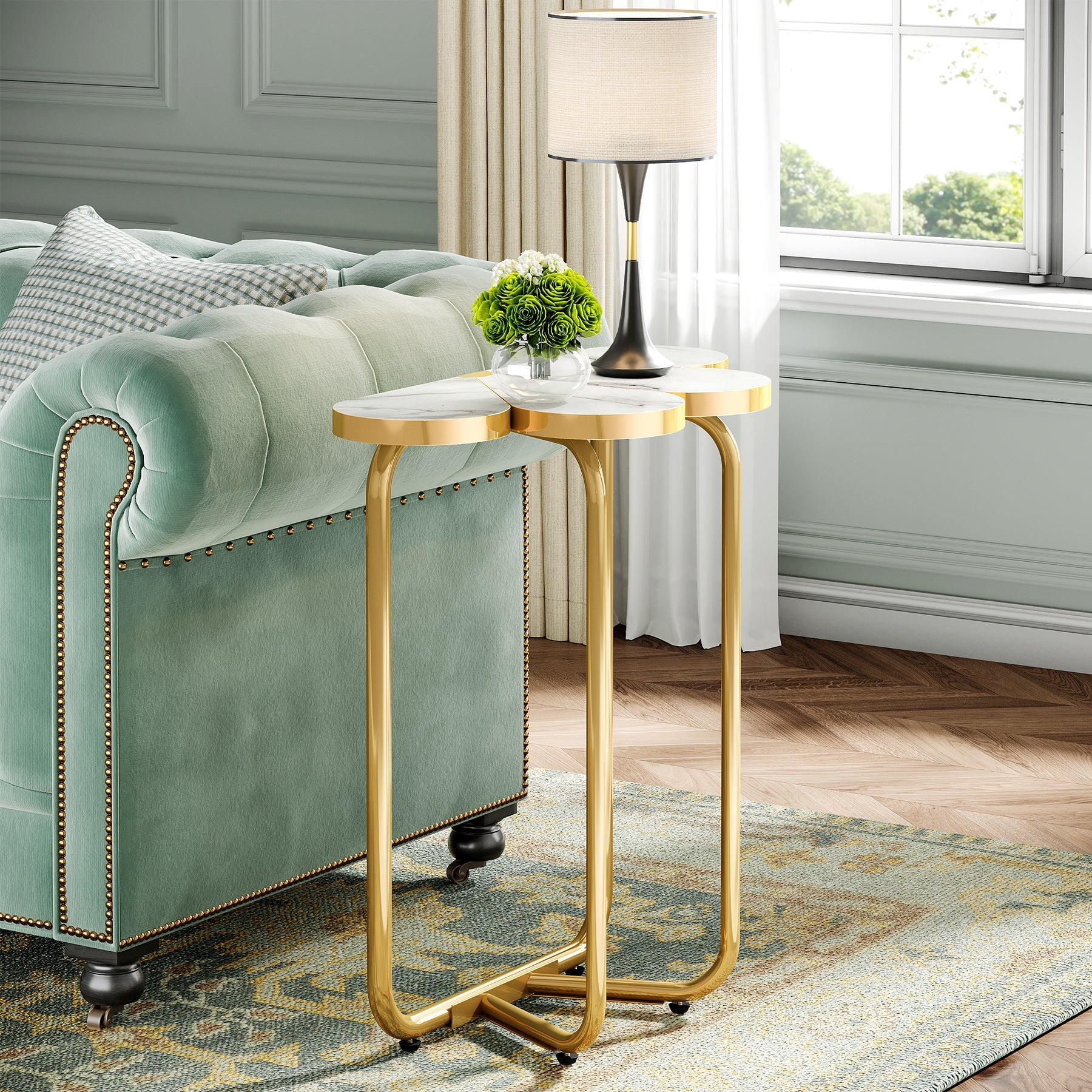 Tribesigns Beistelltisch „Halbblume“, Nachttisch in Marmoroptik mit Goldrahmen