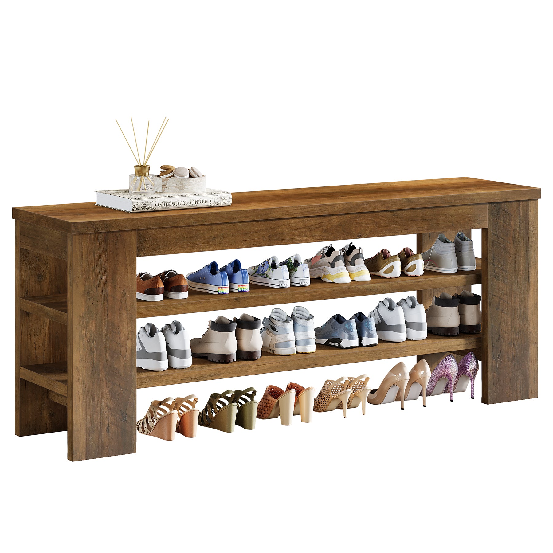 Schuhbank 120 cm mit Sitzfläche, Schuhregal, Garderobenbank aus Holz mit 3 Ebenen, belastbar bis 136 kg