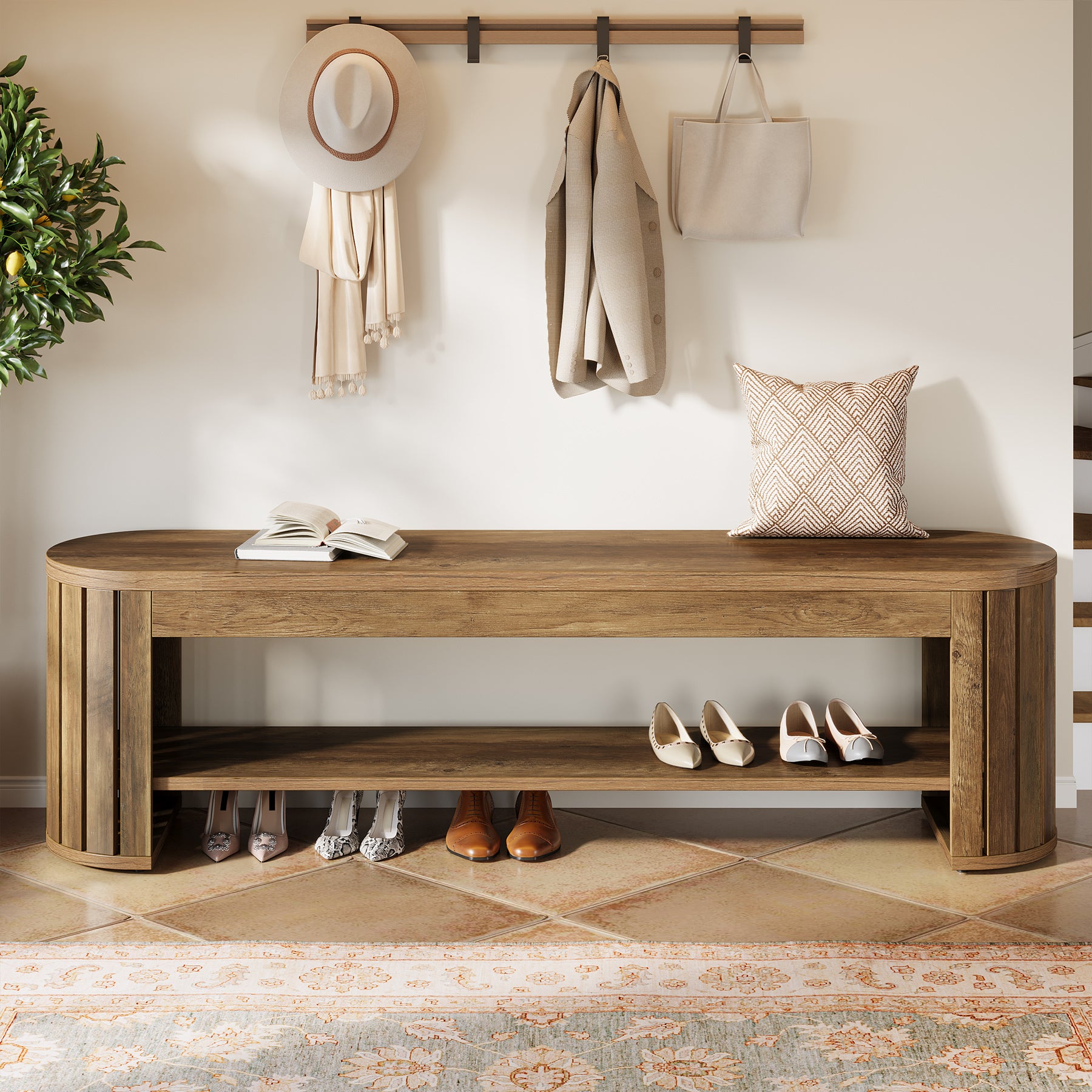 Schuhbank aus Holz mit Stauraum, 160 cm Lange 2-stufige Sitzbank für Flur, Schlafzimmer und Wohnzimmer
