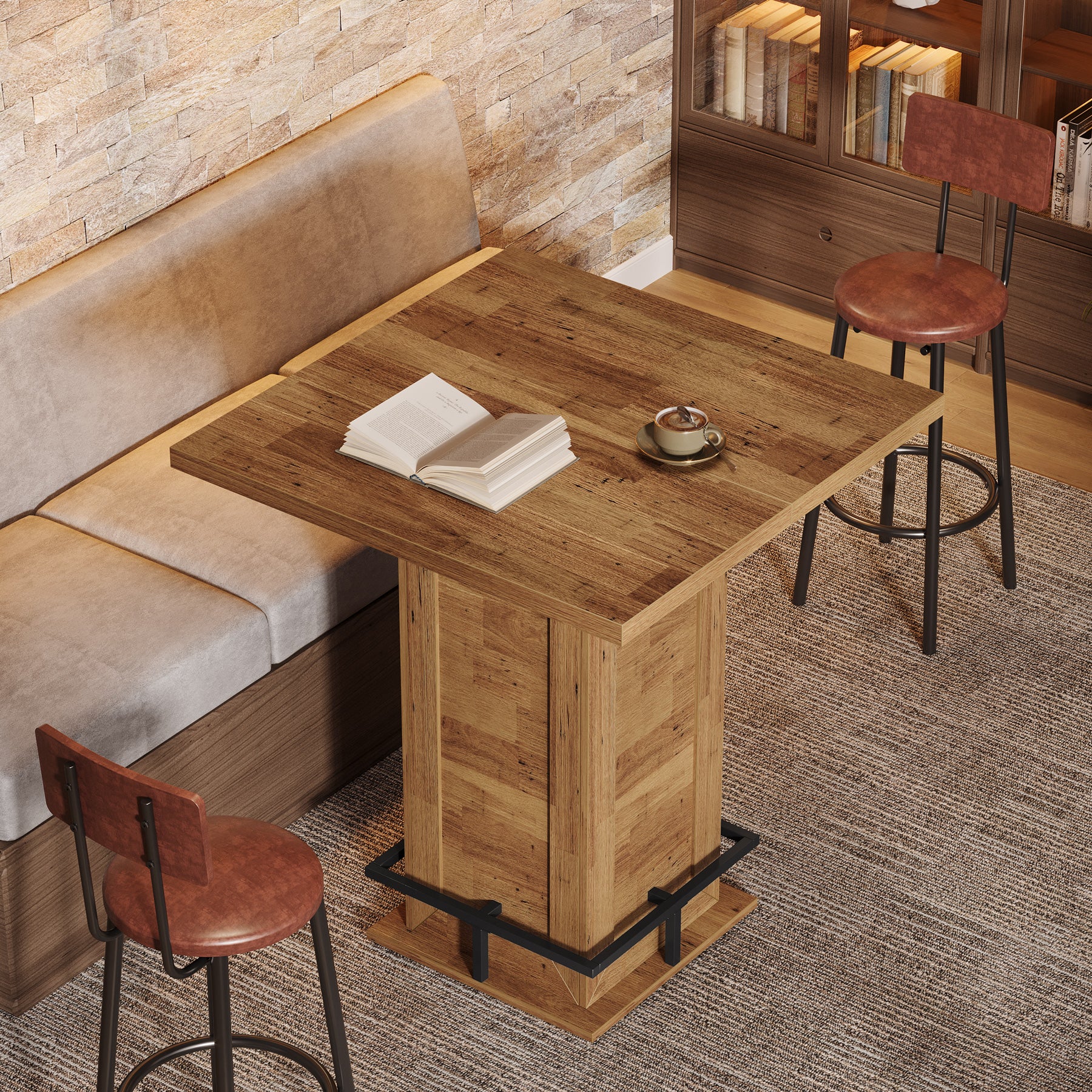 Tribesigns Quadratischer Bartisch 100 cm, Stehtisch mit Fußablage, kompakter Küchentisch im Industrial-Design