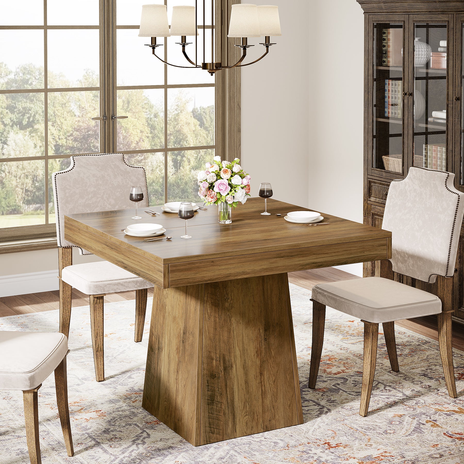 Quadratischer Esstisch 80x80 cm für 4 Personen, kompakter Küchentisch im Landhausstil mit stabilem Sockel