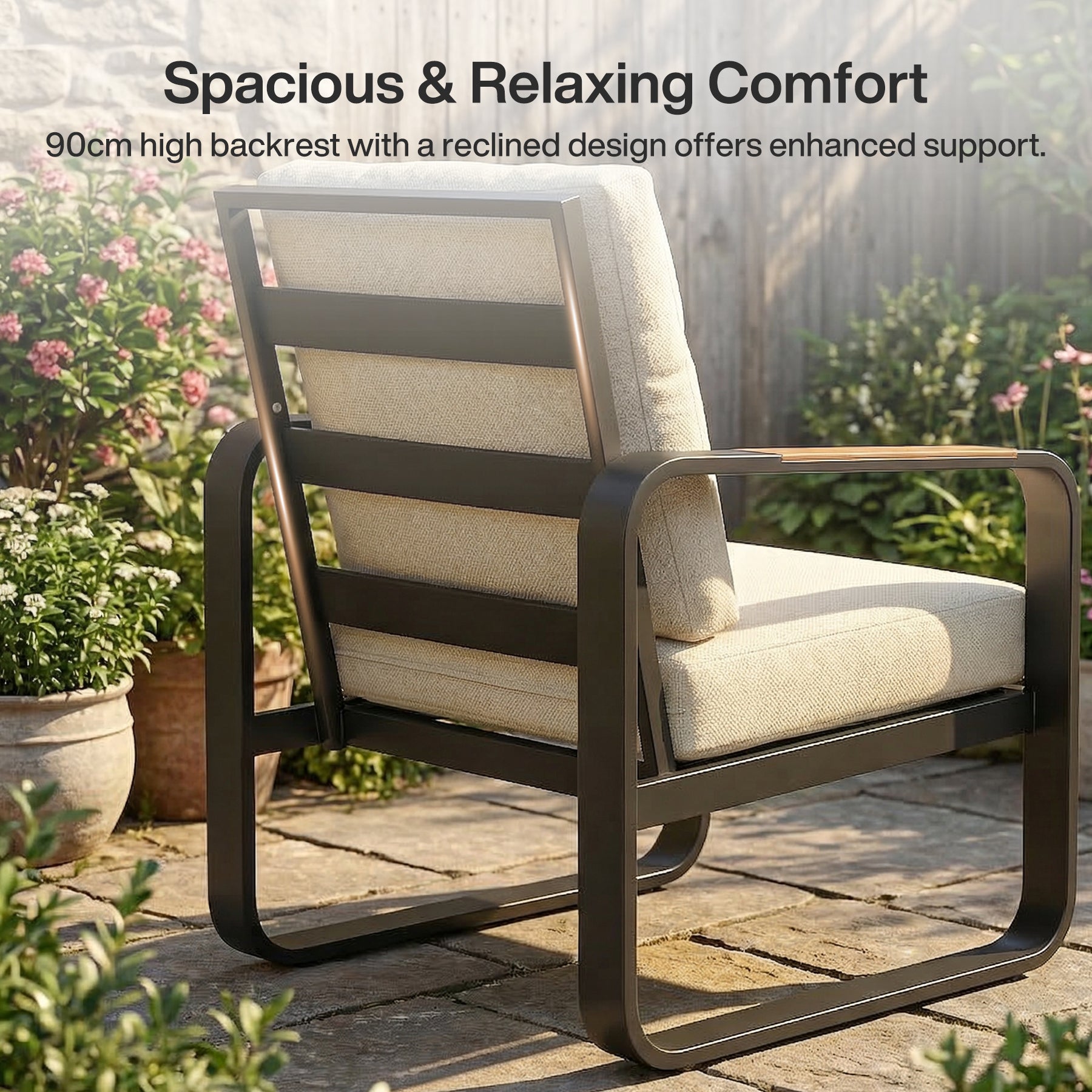 Tribesigns Gartensofa mit Kissen, Balkonstuhl mit Metallgestell & Holzarmlehnen, Outdoor Sessel für Terrasse & Garten