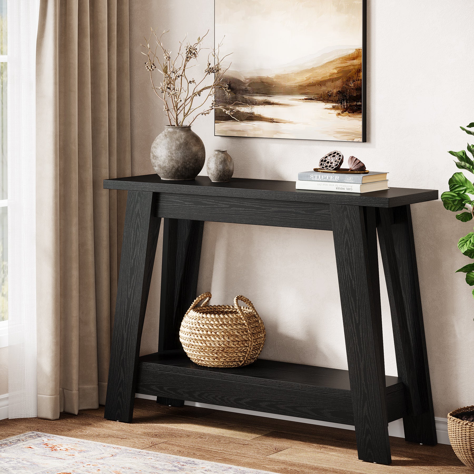 105 cm Farmhouse Konsolentisch mit 2 Ebenen Stauraum, Schmaler Sofatisch im Landhausstil