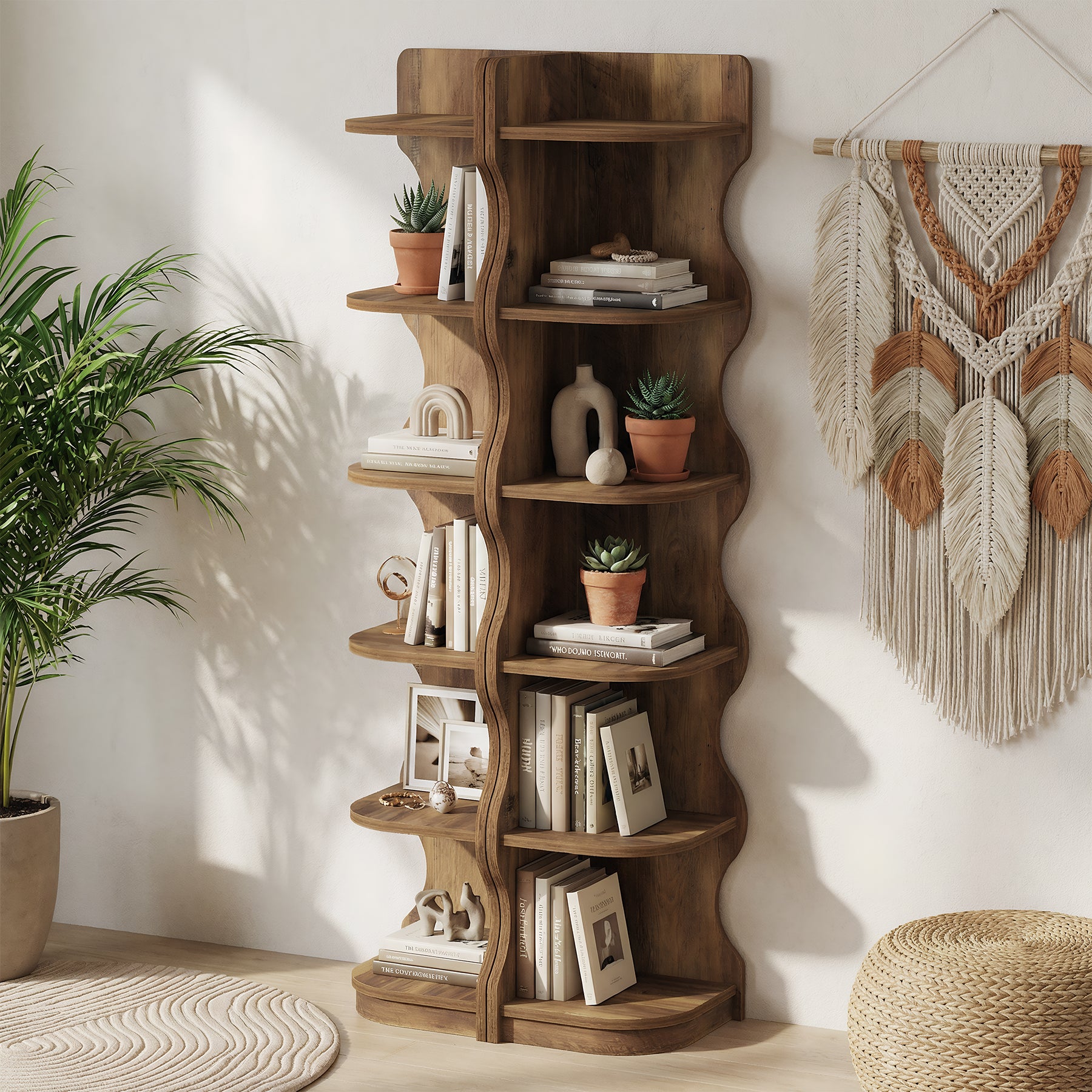 6-stufiges Eckregal 180 cm – Modernes Standregal mit geschwungenem Design, Pflanzen- & Bücherregal für Wohnzimmer