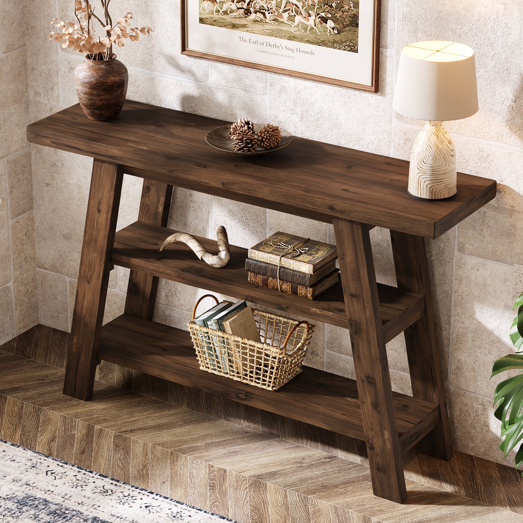 120 cm Massivholz-Konsolentisch im Landhausstil, schmaler Sofatisch mit 3 Ebenen für Eingang & Foyer