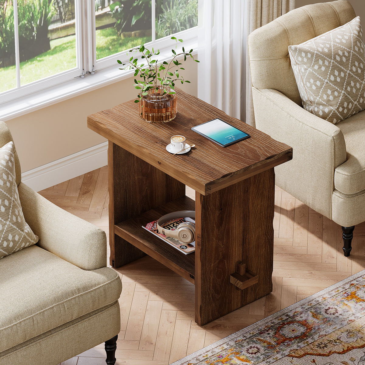 Tribesigns Massivholz Beistelltisch 60 cm hoch mit Ablage im Landhausstil