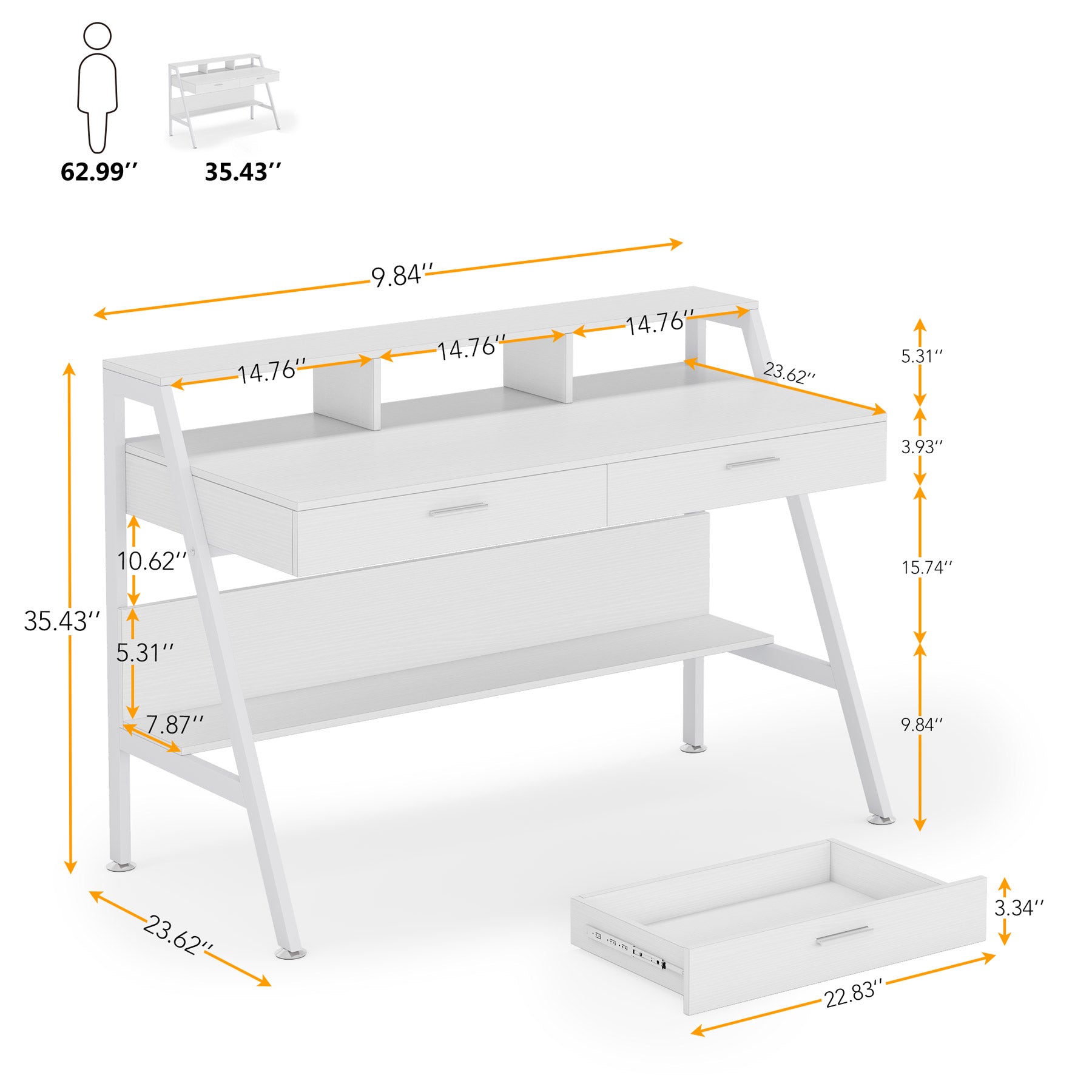 Weißer Computertisch, 120 cm Schreibtisch mit Ablage und Schubladen