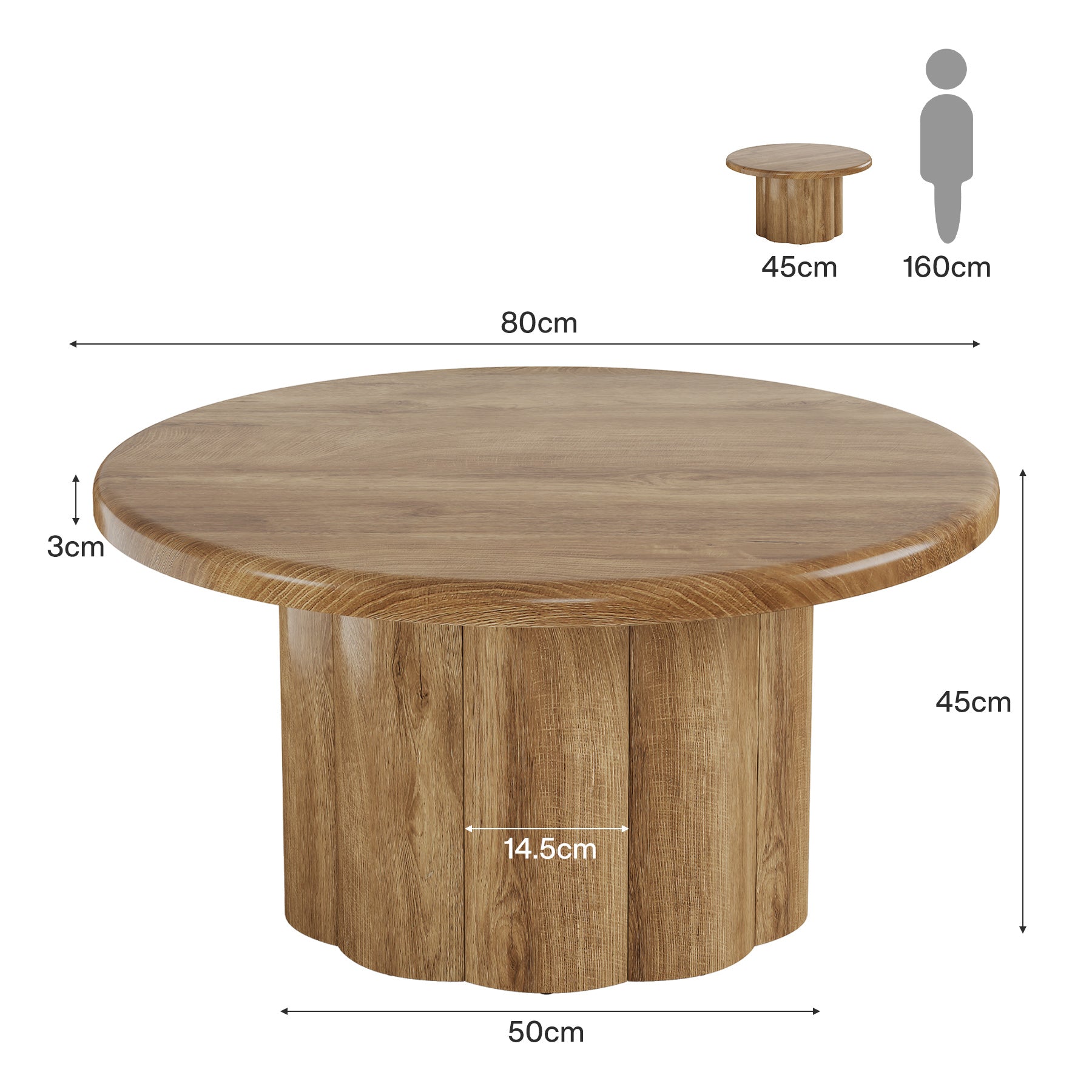 80 cm Couchtisch Rund, Landhaus Design Wohnzimmertisch mit Riffelbasis in Braun
