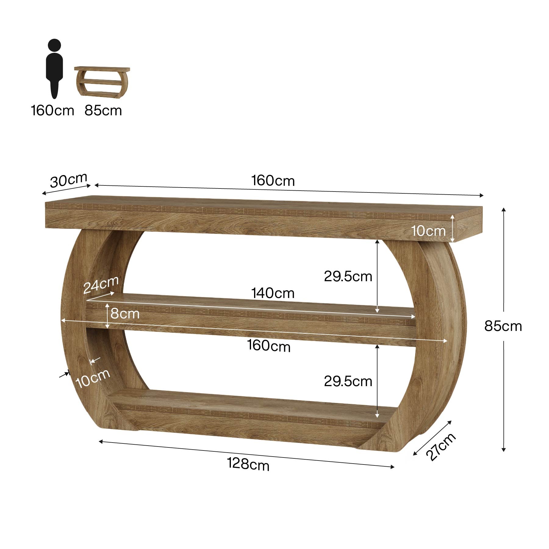 Tribesigns Konsolentisch im Landhausstil 160 cm, 3-stöckiger Flurtisch aus Holz mit Ablage