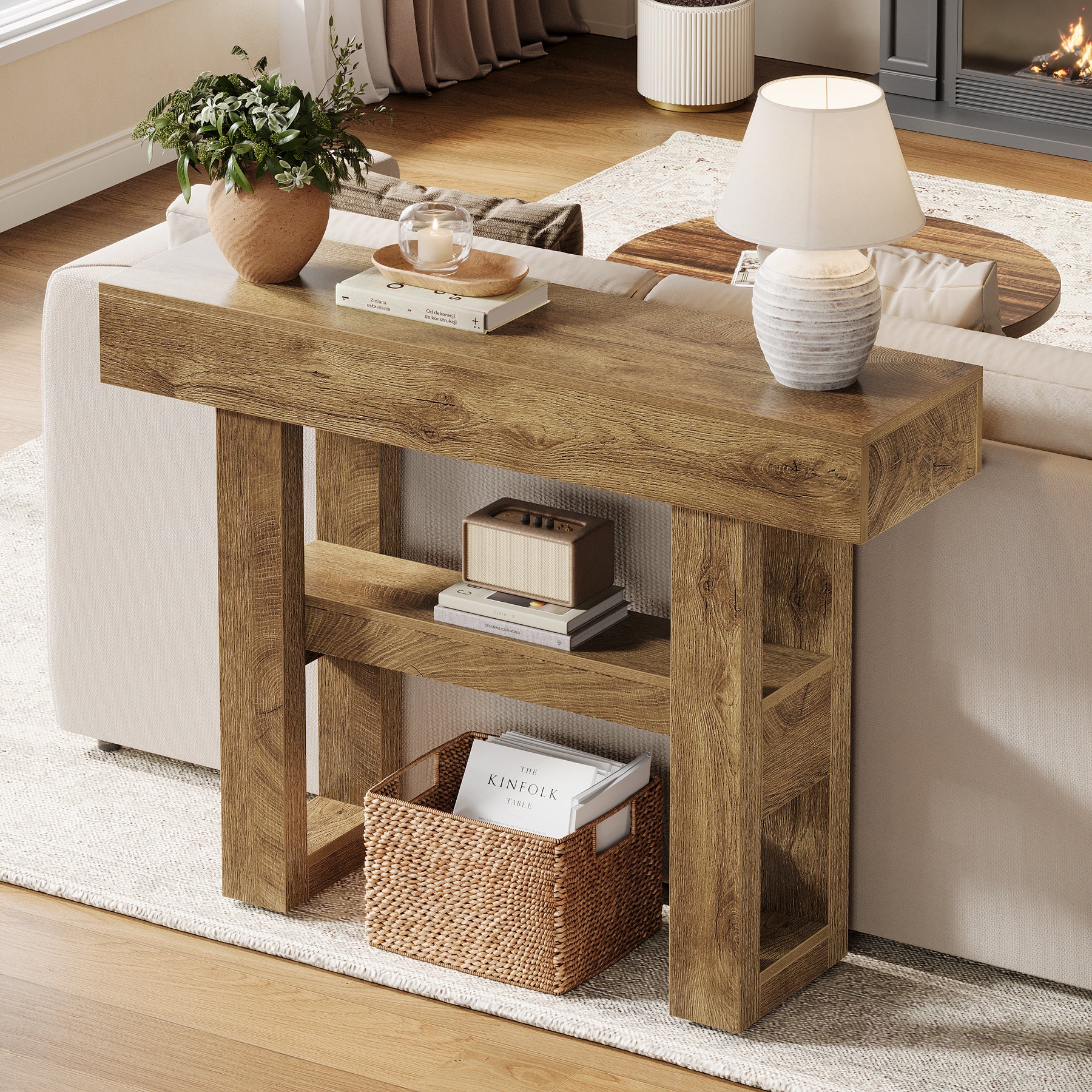 105 cm Farmhouse Konsoletisch mit 2 Ebenen - Schmaler Flurtisch in Rustikalbraun mit Ablagefächern