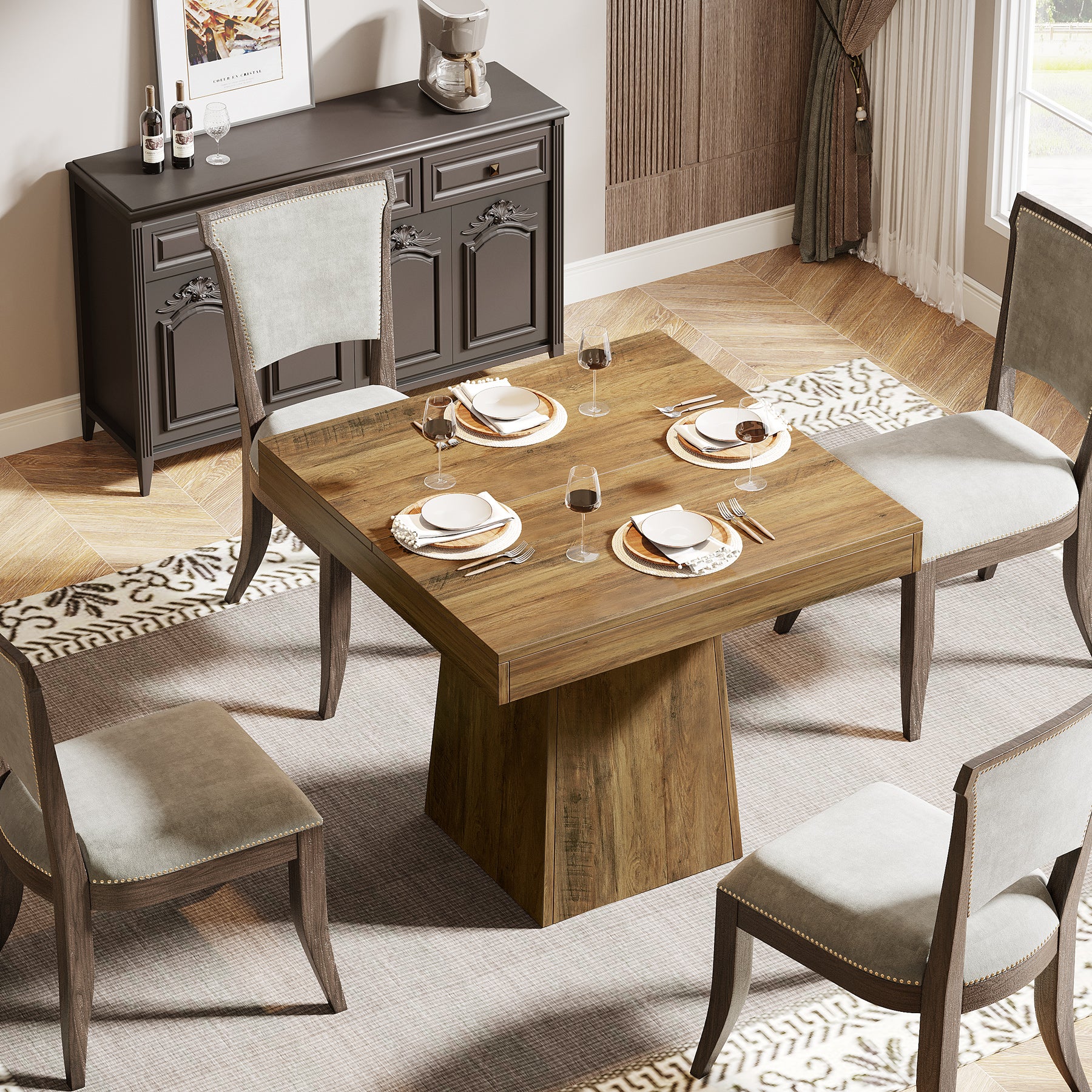 Quadratischer Esstisch 80x80 cm für 4 Personen, kompakter Küchentisch im Landhausstil mit stabilem Sockel