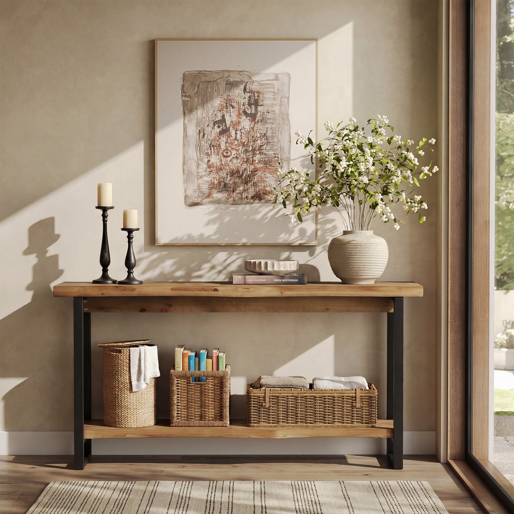 Massivholz Konsole 160 cm mit Baumkante, 2-stufiger Sofatisch hinter Couch mit Metallbeinen