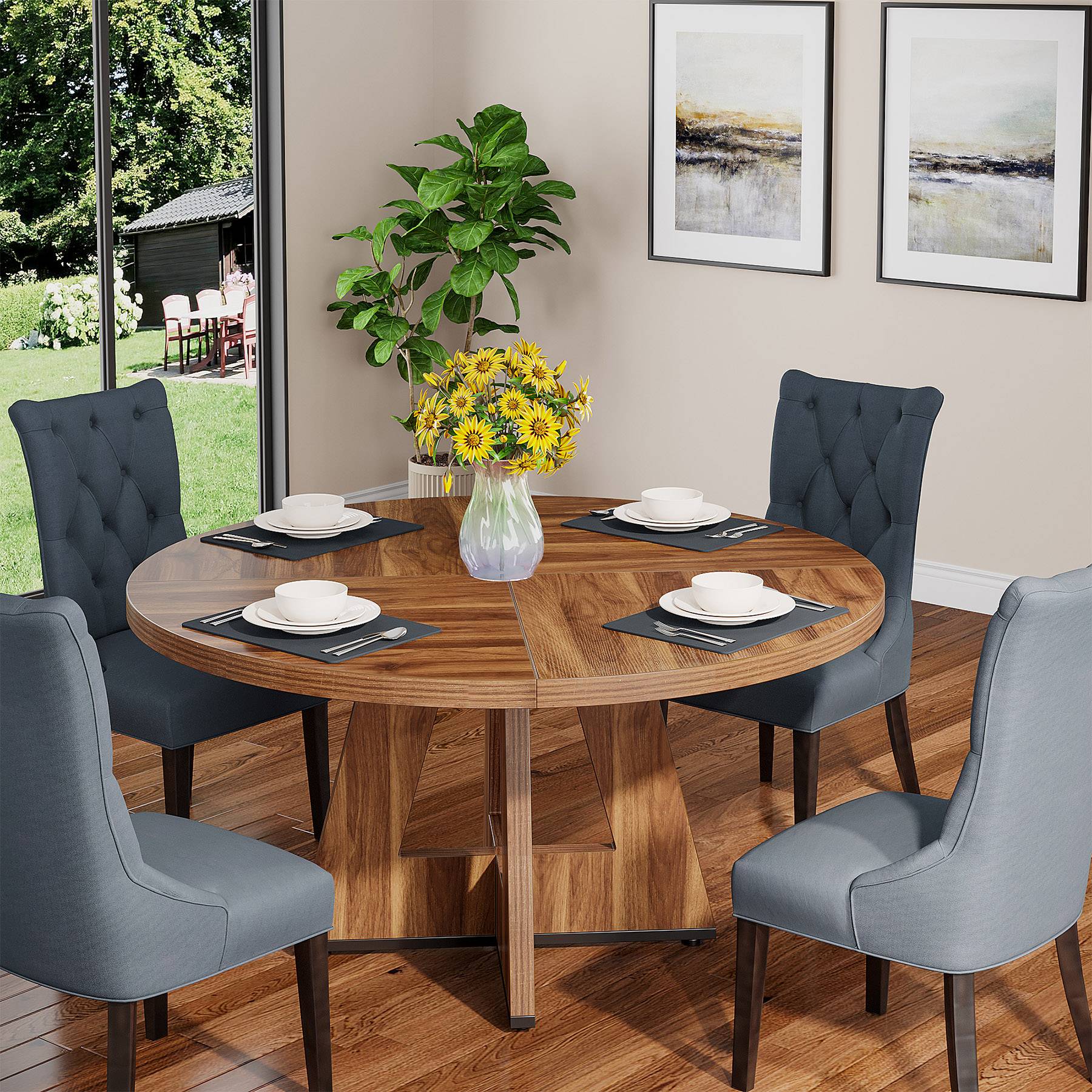 4 Personen Runder Esstisch, 120 cm Bauernhaus Esstisch mit Holztischplatte und Beinen