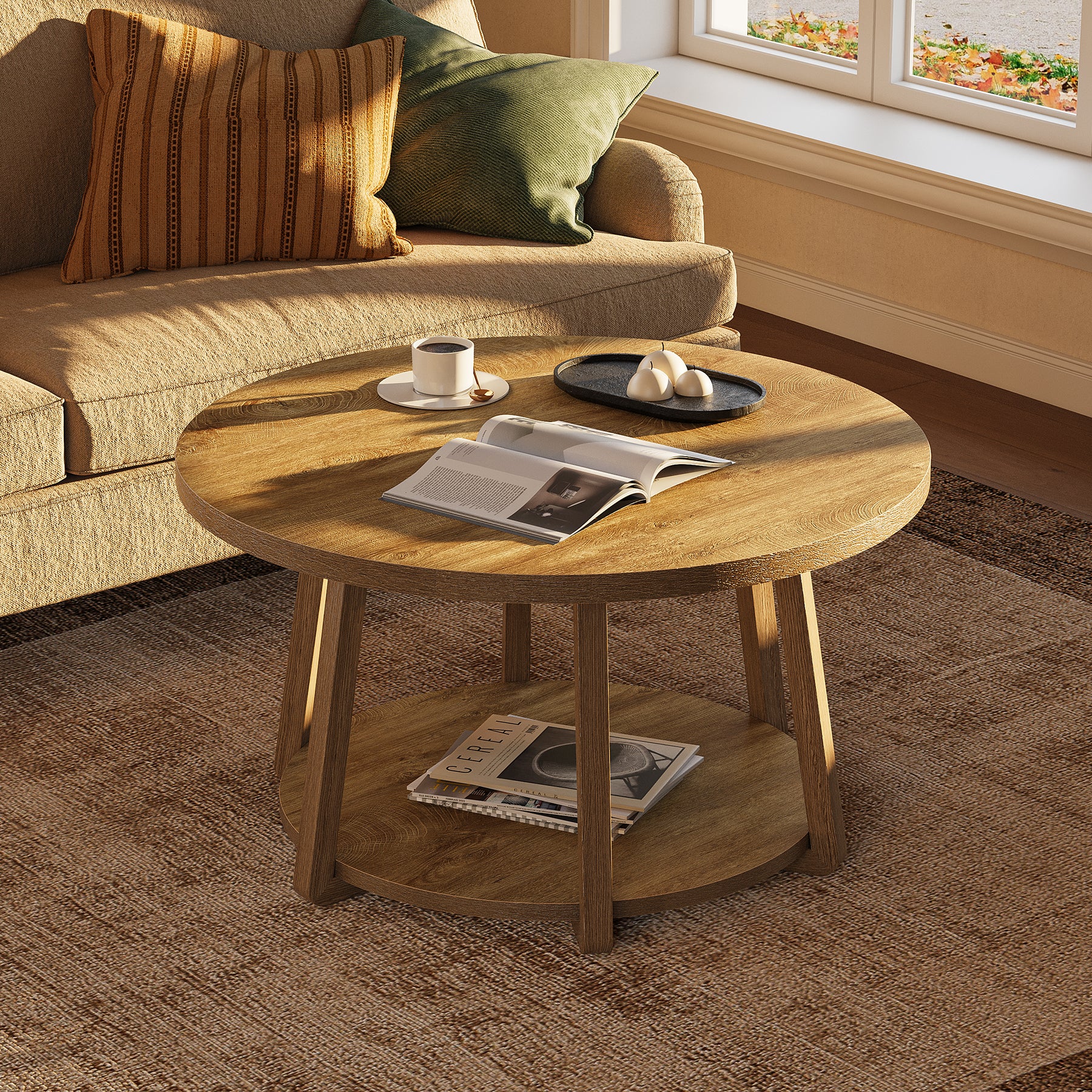 Tribesigns Runder Couchtisch 80 cm mit Ablage, 2 Ebenen Wohnzimmertisch klein mit Stauraum