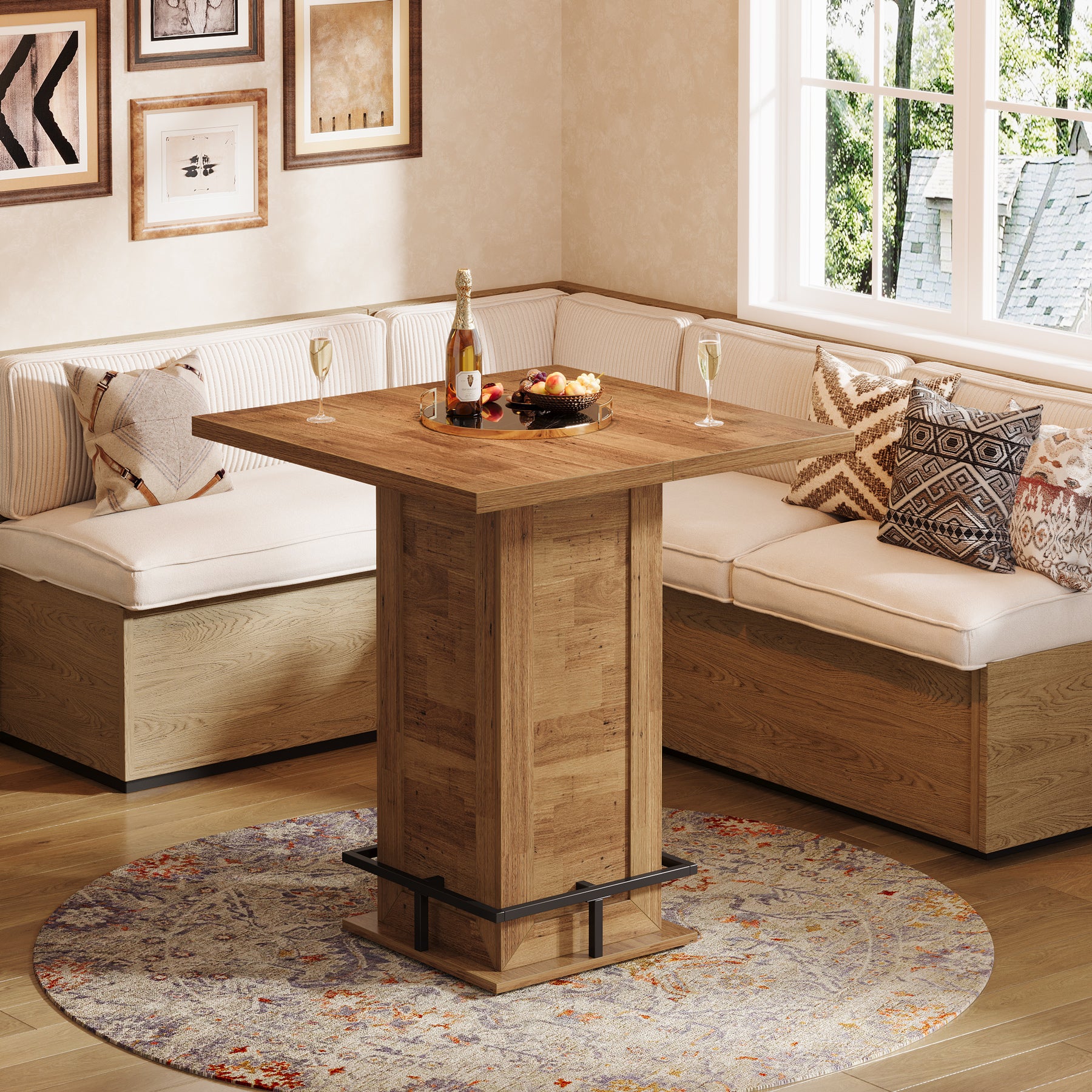 Tribesigns Quadratischer Bartisch 100 cm, Stehtisch mit Fußablage, kompakter Küchentisch im Industrial-Design