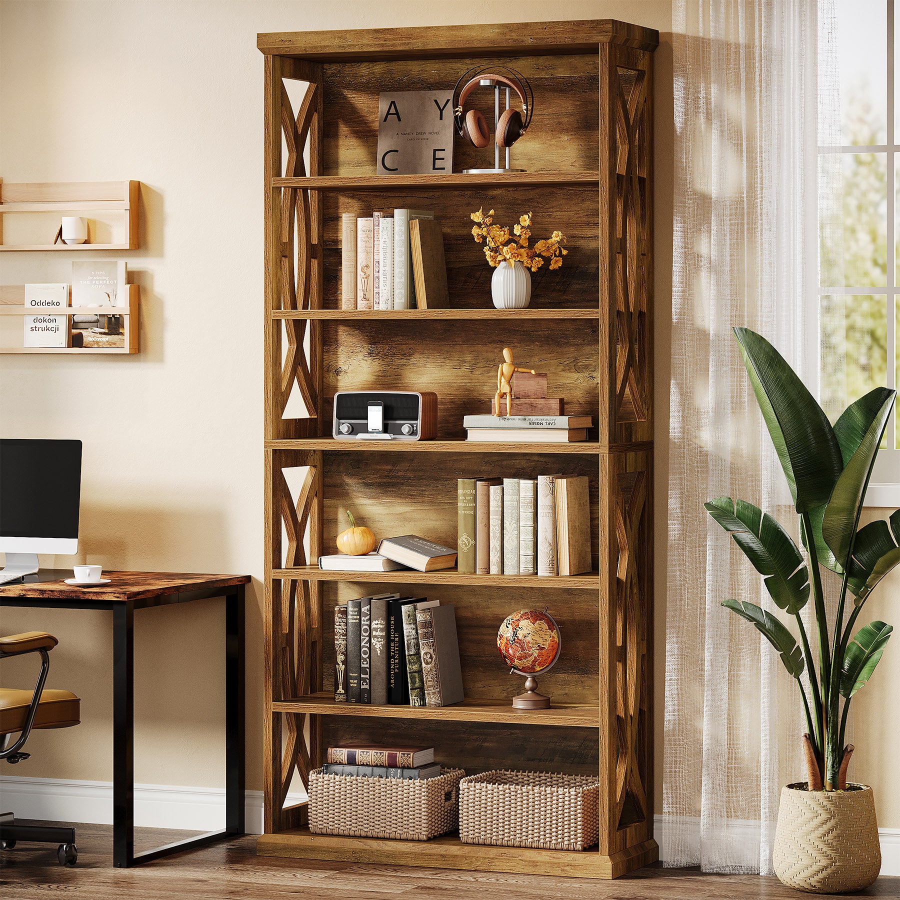 180 cm 6-stufiges Bücherregal, freistehendes Industrie-Regal aus Holz für Wohnzimmer & Homeoffice