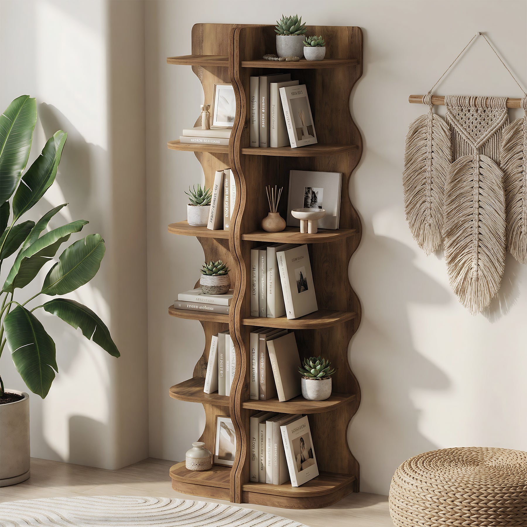 6-stufiges Eckregal 180 cm – Modernes Standregal mit geschwungenem Design, Pflanzen- & Bücherregal für Wohnzimmer